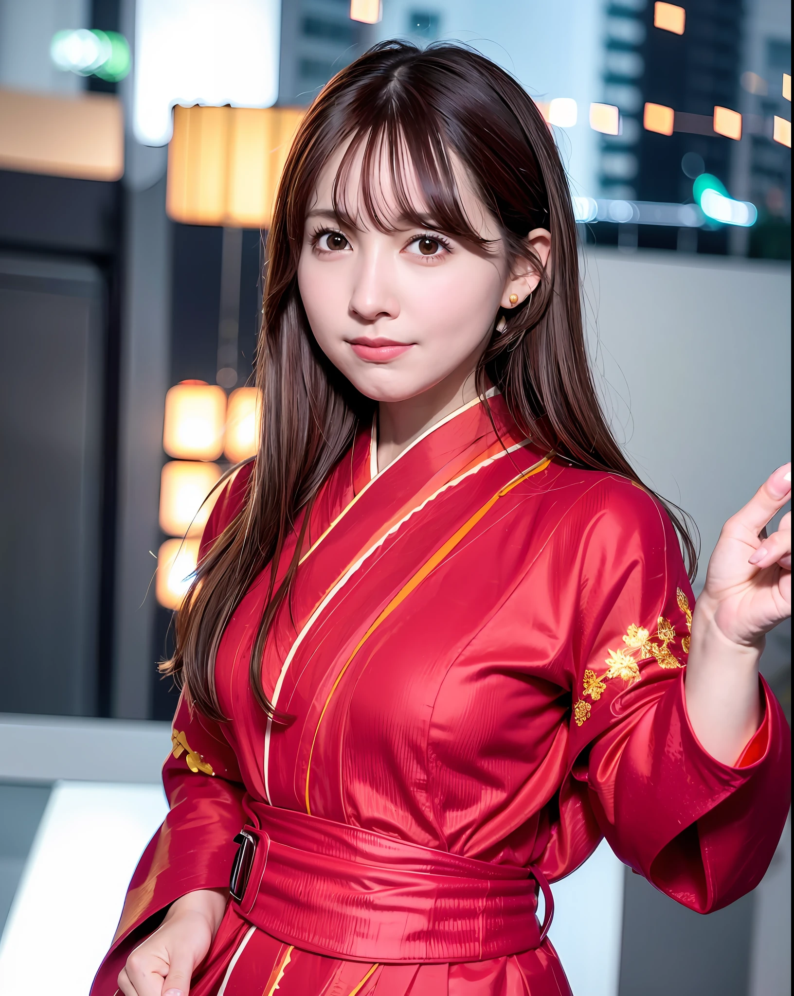 best quality, photorealistic, 8k, high res, 1girl, woman, (skindentation), (professional lighting), (portrait:0.6), (red kimono dress:2), gorgeous, ((black hair)), (medium hair:1.4), (floating hair:1.6), (1girl eyes looking at viewer:1.5), ((looking at viewer:1.6)), (looking at the camera), photorealistic, (bokeh), (portait:0.6), (dynamic pose:1.2), masterpiece, intricate, realistic, sharp focus, award-winning photograph, sfw, (smile:1),