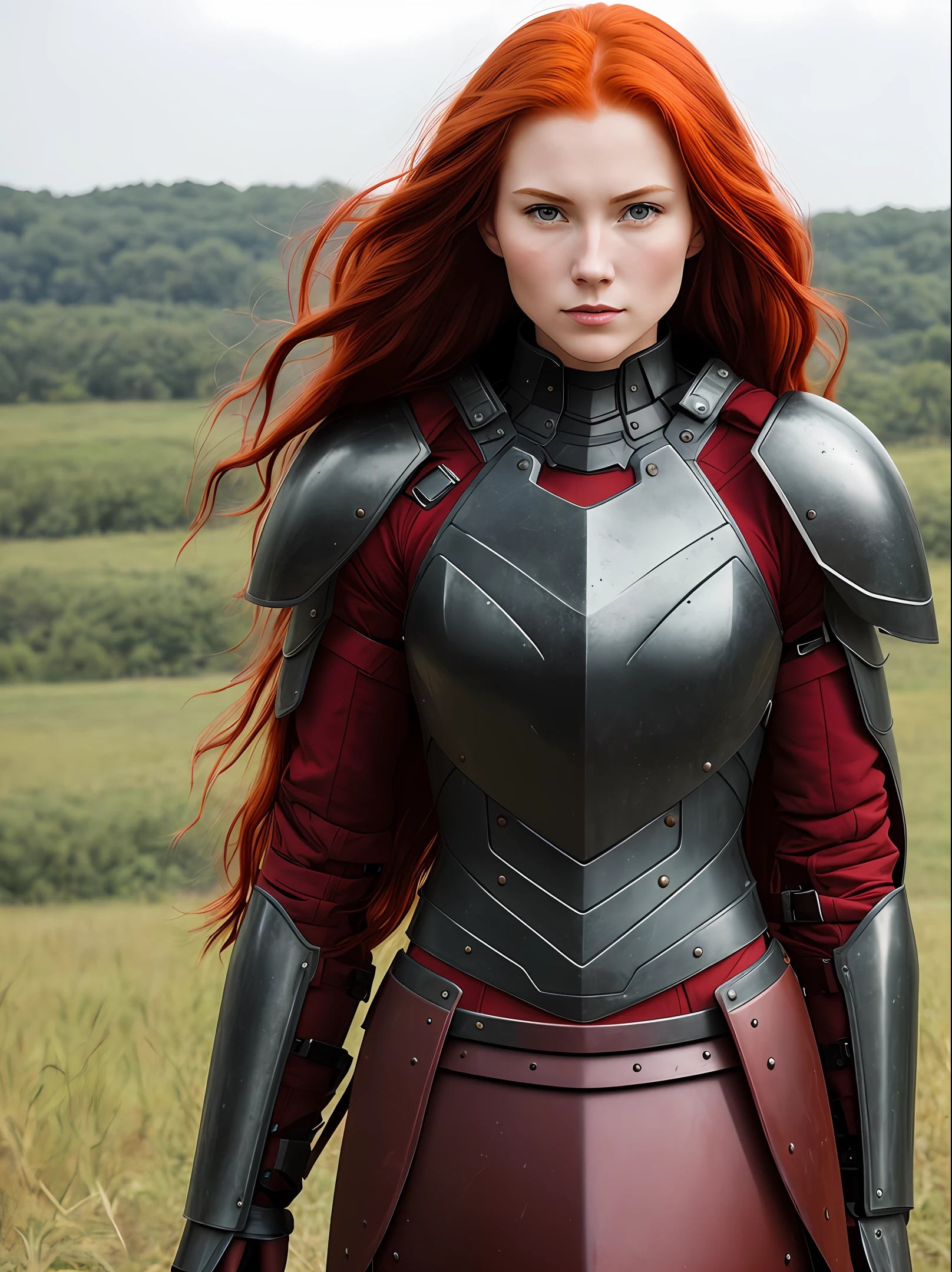 Vinkin, red-haired woman, strong body, heavy armor brave face