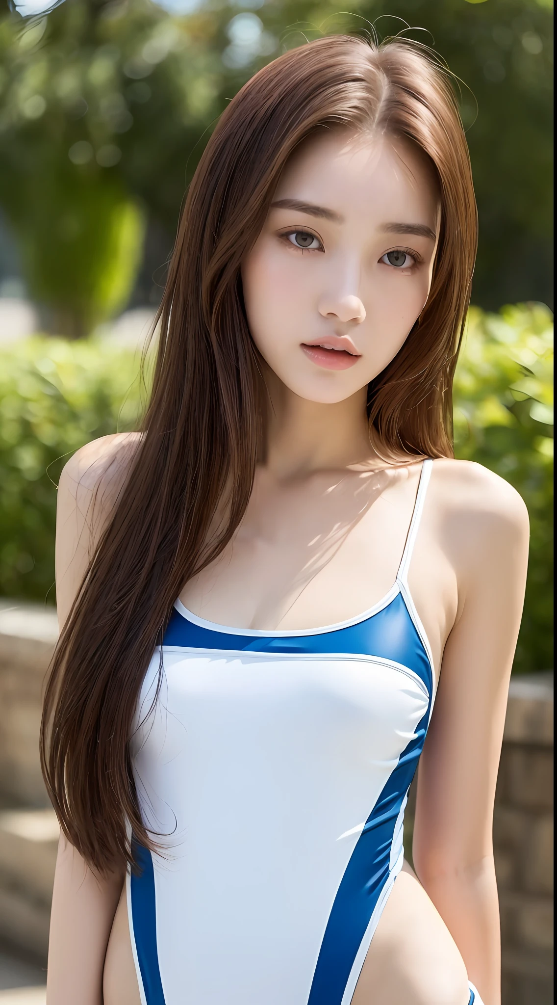 ((swimsuit, top quality, 8k, masterpiece: 1.3)), (1 girl), slender figure: 1.4, (brown hair, big: 1.3), ultra detailed face, detailed eyes, double eyelids, droopy eyes, 