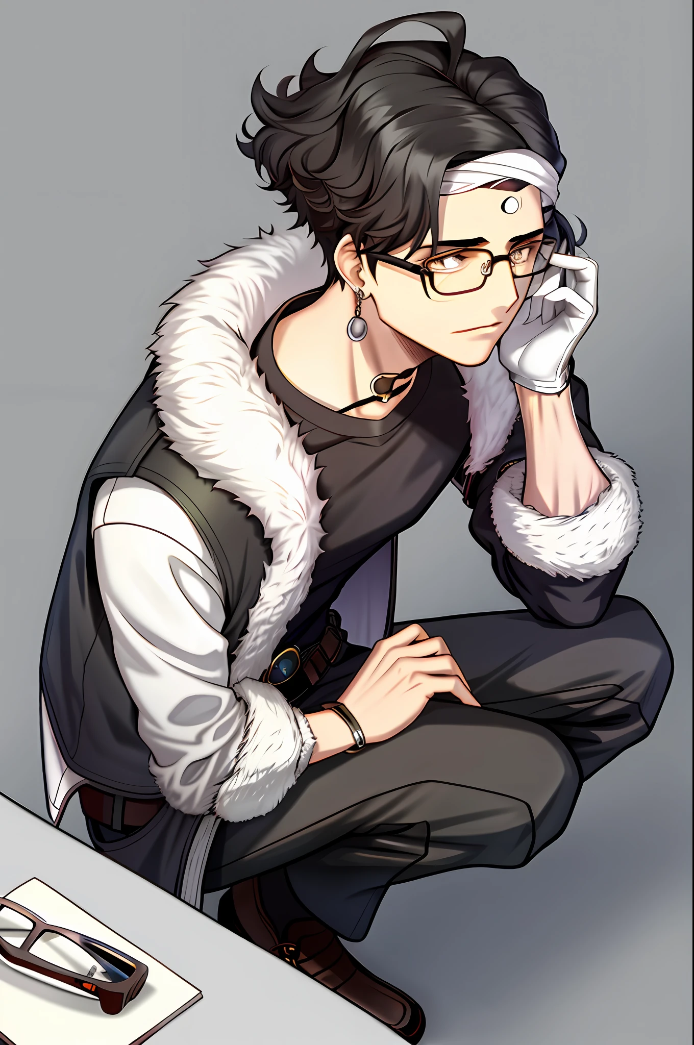 1boy, brunette skin, short curly hair, shaved side, glasses, small silver earring, black coat, anime sketch