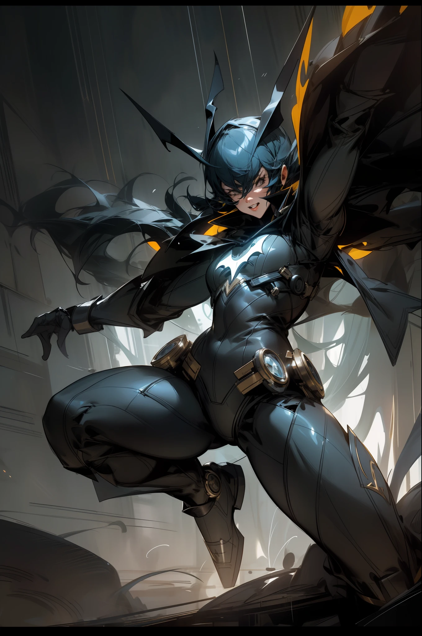 pERSONGEM BATGIRL from DA LIGA DA JUSTICA) (DC studios), (dynamic and expressive pose), (((HAS NO HORNS, NO ANTENNAS, NO ADORNMENTS, NO HEAD EQUIPMENT)))detailed uniform of high intrinsic, style by overwhat, perfect anatomy, centered, close to perfection, 4k, dramatic cinematic atmosohere, oil impasto painting, global night lighting, intrinsic environment, artstation, concept art, fluid focus, Volumetric lights, cinematic lights