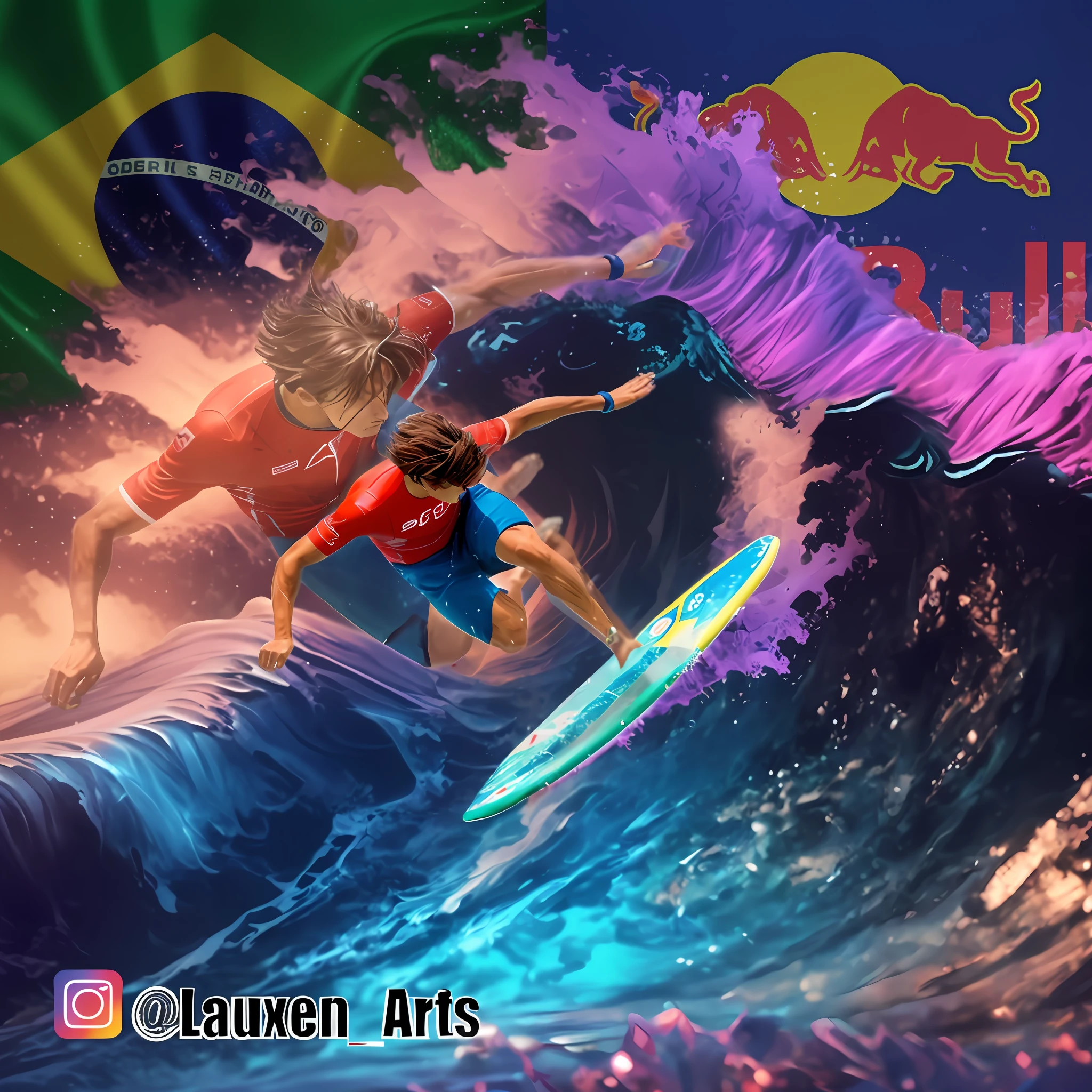 surfers riding a wave with a flag in the background, album art, inspired by Nathan Oliveira, artistic illustration, surfing, by Luis Miranda, ✏️🎨, jim warren, surf, official artwork, realistic artwork, realistic art, by Emerson Silva, inspired by Ludovit Fulla, digital art. @mariomaniacdude, artwork, red bull