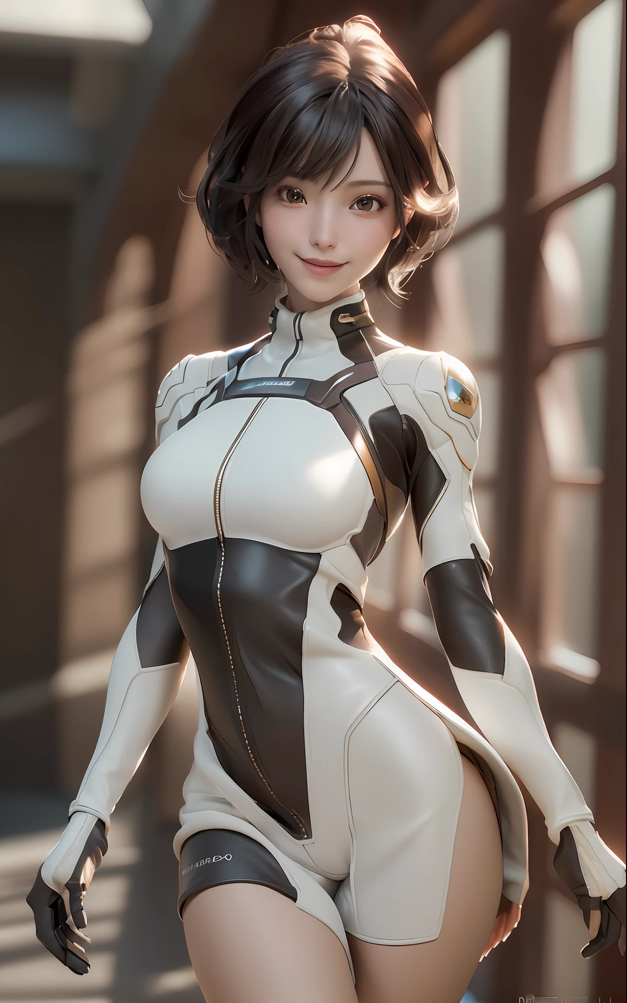 ((best quality)), (masterpiece)), (details: 1.4), 3D, beautiful futuristic female image, brown hair, brown eyes, popping smile, dynamic pose, dynamic angle, HDR (high dynamic range), Ray Tracing, NVIDIA RTX, Super Resolution, Unreal 5, Subsurface Scattering, PBR Texturing, Post Processing, Anisotropic Filtering, Depth of Field, Maximum Clarity and Sharpness, Multilayer Textures, Albedo and Specular Maps, Surface Shading , accurate simulation of light and material interaction, perfect proportions, octane rendering, two-tone lighting, wide aperture, low ISO, white balance, rule of thirds, 8K RAW,