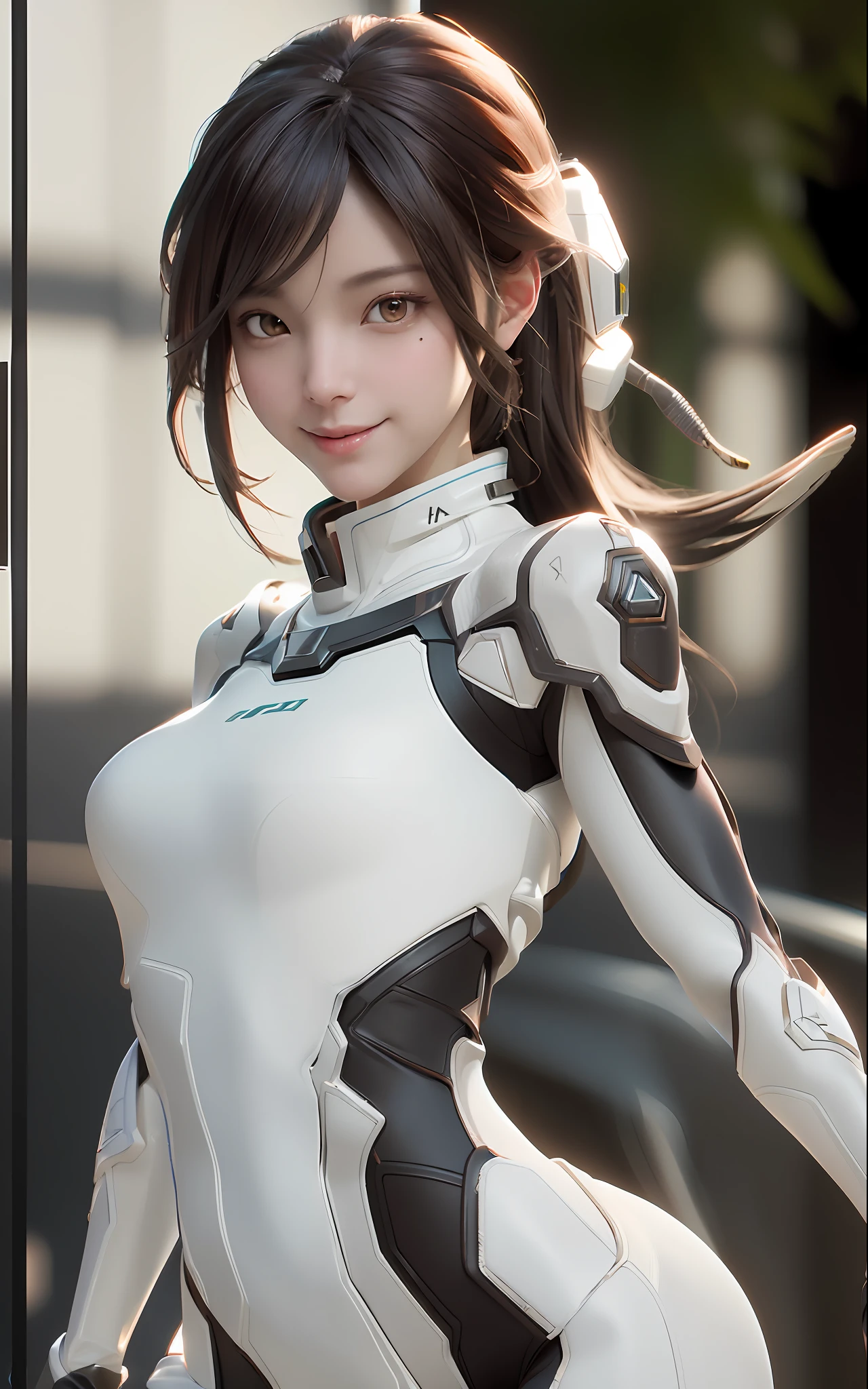 ((best quality)), (masterpiece)), (details: 1.4), 3D, beautiful futuristic female image, brown hair, brown eyes, popping smile, dynamic pose, dynamic angle, HDR (high dynamic range), Ray Tracing, NVIDIA RTX, Super Resolution, Unreal 5, Subsurface Scattering, PBR Texturing, Post Processing, Anisotropic Filtering, Depth of Field, Maximum Clarity and Sharpness, Multilayer Textures, Albedo and Specular Maps, Surface Shading , accurate simulation of light and material interaction, perfect proportions, octane rendering, two-tone lighting, wide aperture, low ISO, white balance, rule of thirds, 8K RAW,