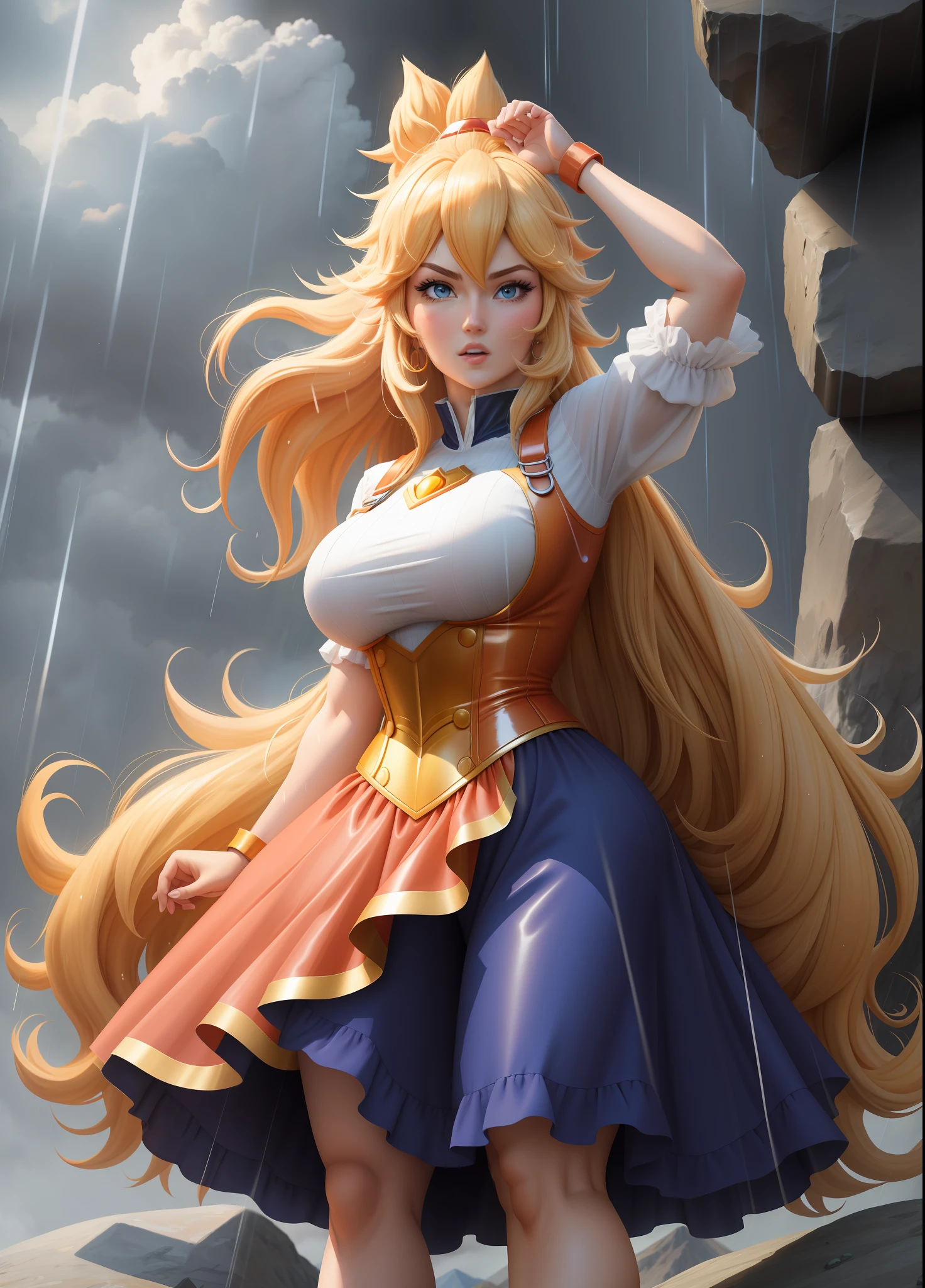 Full body image of 1 full body character standing in front, Princess Peach as Goku, put her in Goku’s clothes, large breasts, extremely tight clothes on her body, Super Saiyan hair, blue eyes, closed hand, fists up, looking at the viewer, from the front, focused, body facing forward, concentrating magical aura around her body furiously, she is on top of a mountain raining heavily, her clothes are soaked and transparent and her hair is all wet, angry, anime, 16k, UHD, masterpiece, best quality, award winning, high quality, highres