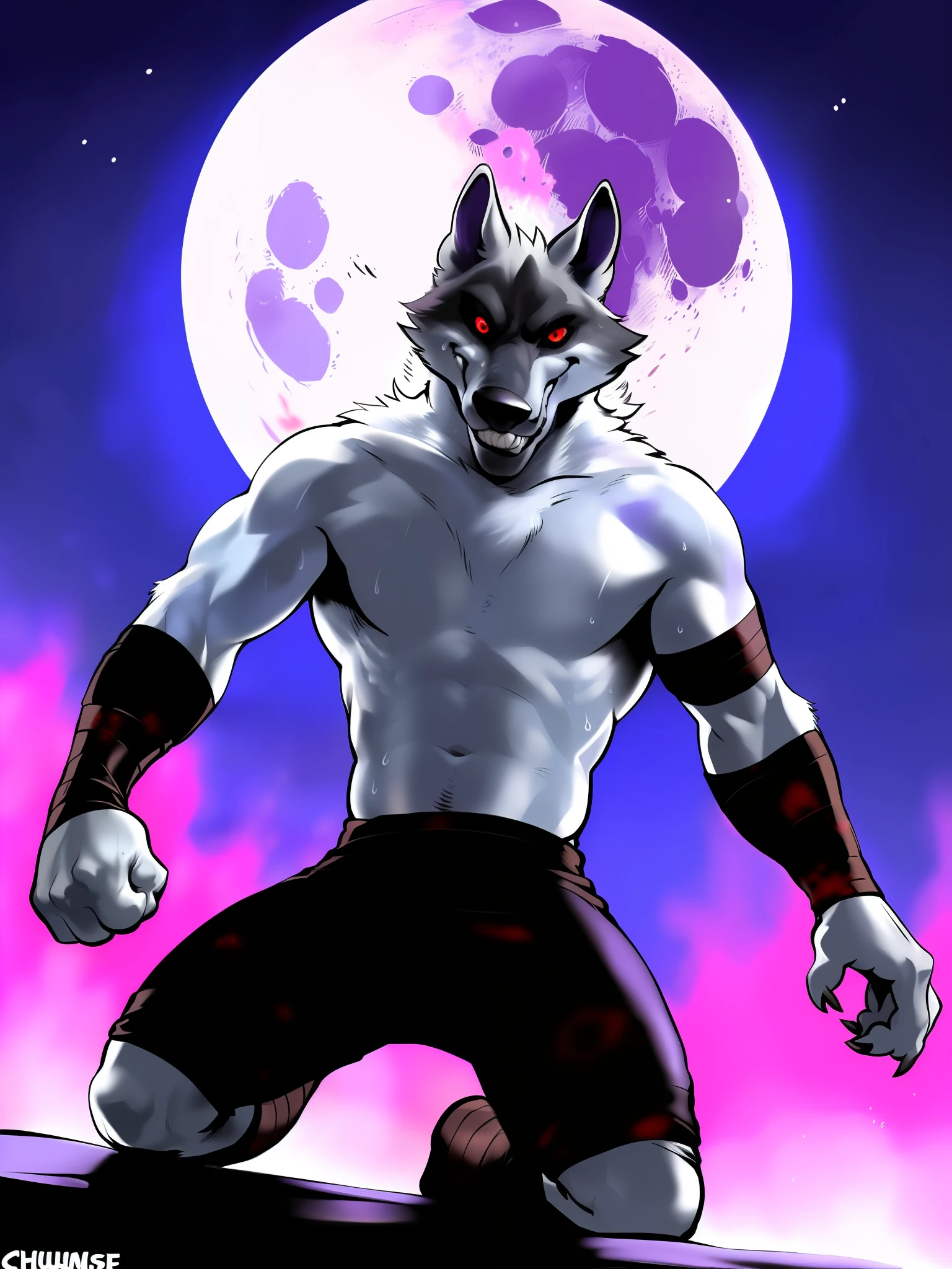 (deathpussinboots:1.2), correcrt anatomy, red eyes, solo, long nose, furry, wolf, standing, barechested, fluffy, front view, arm wraps, leg wraps, smile, grin, night, kneeling, moon, (pink glowing background), pink fire, arena, horrorcore, depth of field, perfect lighting, light particles, best quality, masterpiece, ultra detailed, sharp focus, (bruises, sweat:1.3) (by grimfaust, by chunie)