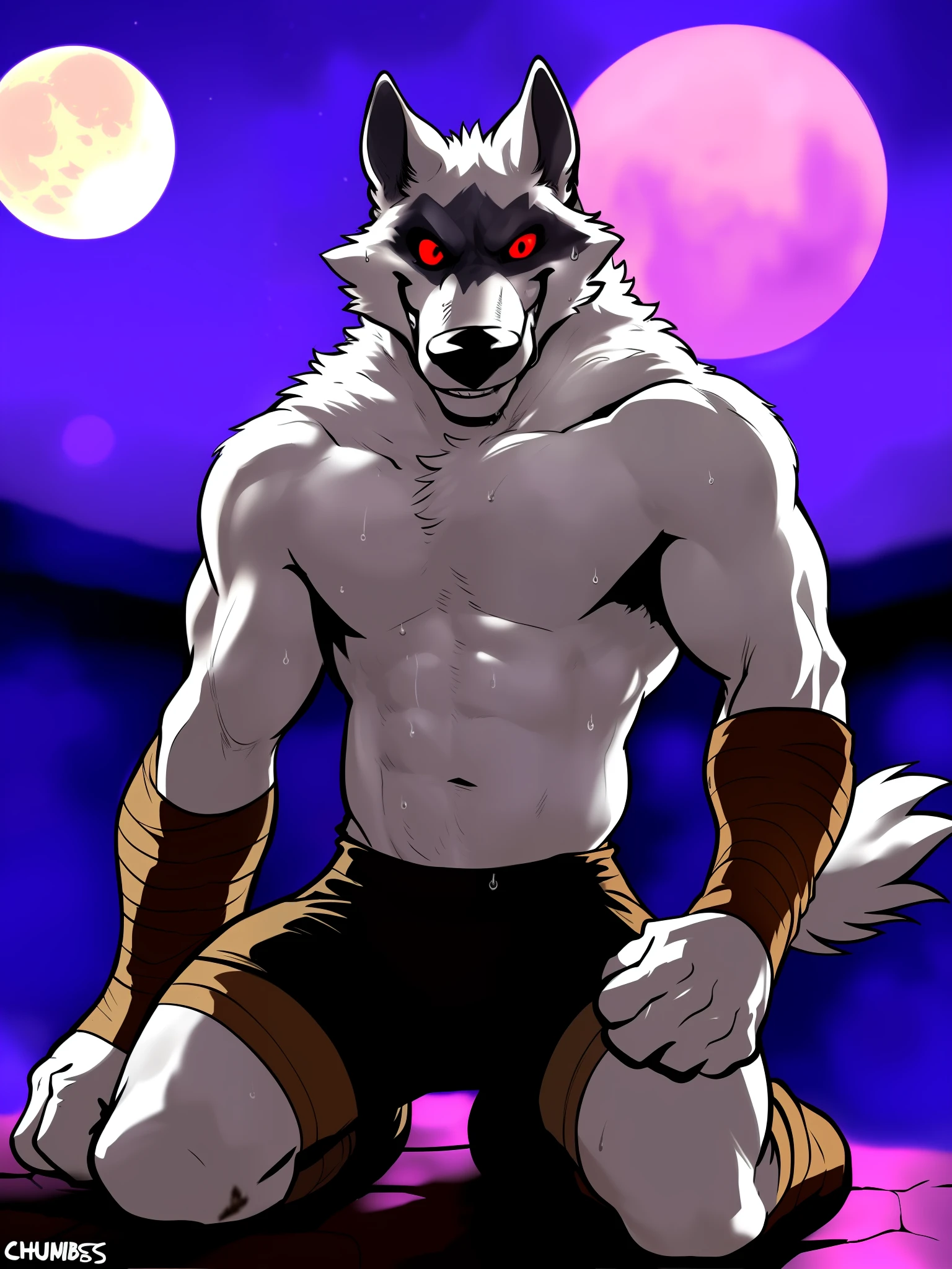 (deathpussinboots:1.2), correcrt anatomy, red eyes, solo, long nose, furry, wolf, standing, barechested, fluffy, front view, arm wraps, leg wraps, smile, grin, night, kneeling, moon, (pink glowing background), pink fire, arena, horrorcore, depth of field, perfect lighting, light particles, best quality, masterpiece, ultra detailed, sharp focus, (bruises, sweat:1.3) (by grimfaust, by chunie)