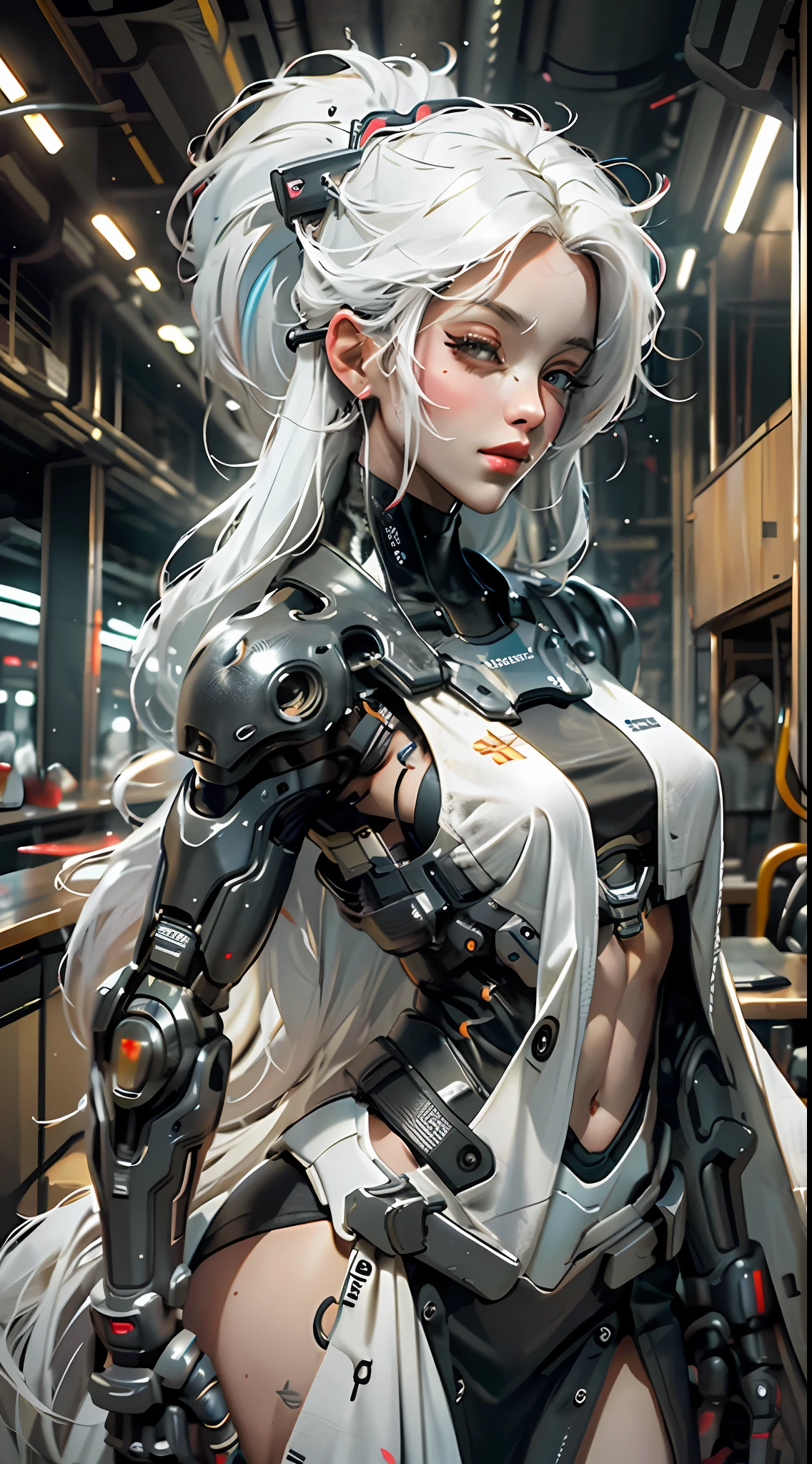 (best quality, masterpiece),1girl,cyberpunk,robotic left arm,sexy,futuristic bar,white hair long,looking away,blurry background