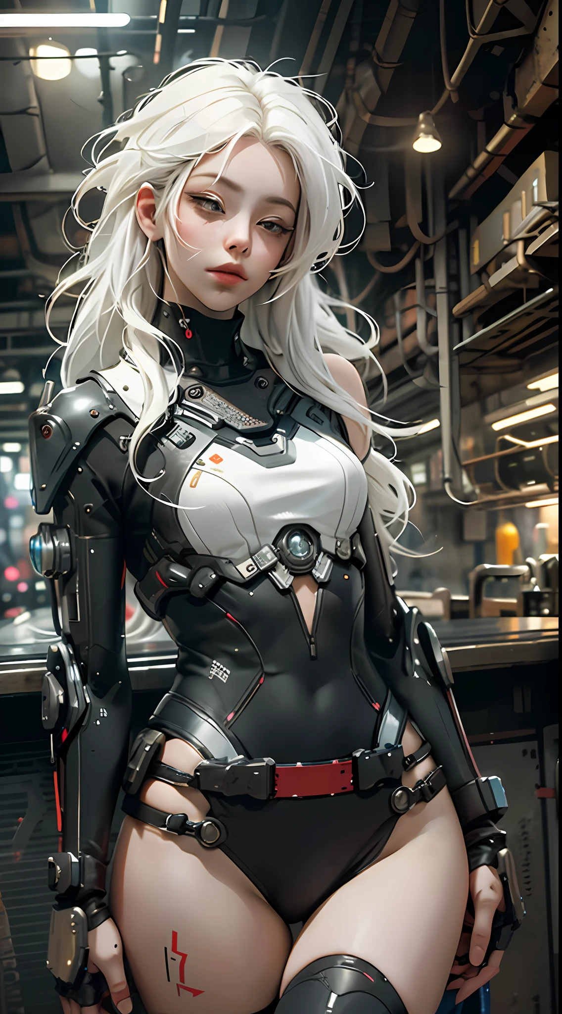 (best quality, masterpiece),1girl,cyberpunk,robotic left arm,sexy,futuristic bar,white hair long,looking away,blurry background