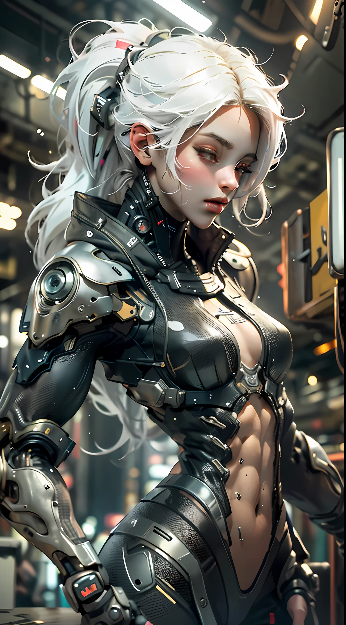 (best quality, masterpiece),1girl,cyberpunk,robotic left arm,sexy,futuristic bar,white hair long,looking away,blurry background