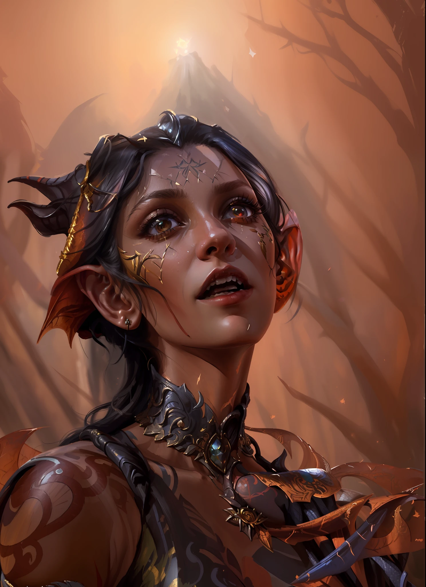(((Masterpiece))), (((Best Quality: 1.4))), ((Super Detail: 1.4)) , hyper detailed gouache painting of a female Tiefling, gorgeous exotic features, hyper detailed surprised expression on her face:1.5, detailed textures, tattoos, natural skin shader, volumetrics, warm undertones under her skin, ultra High resolution