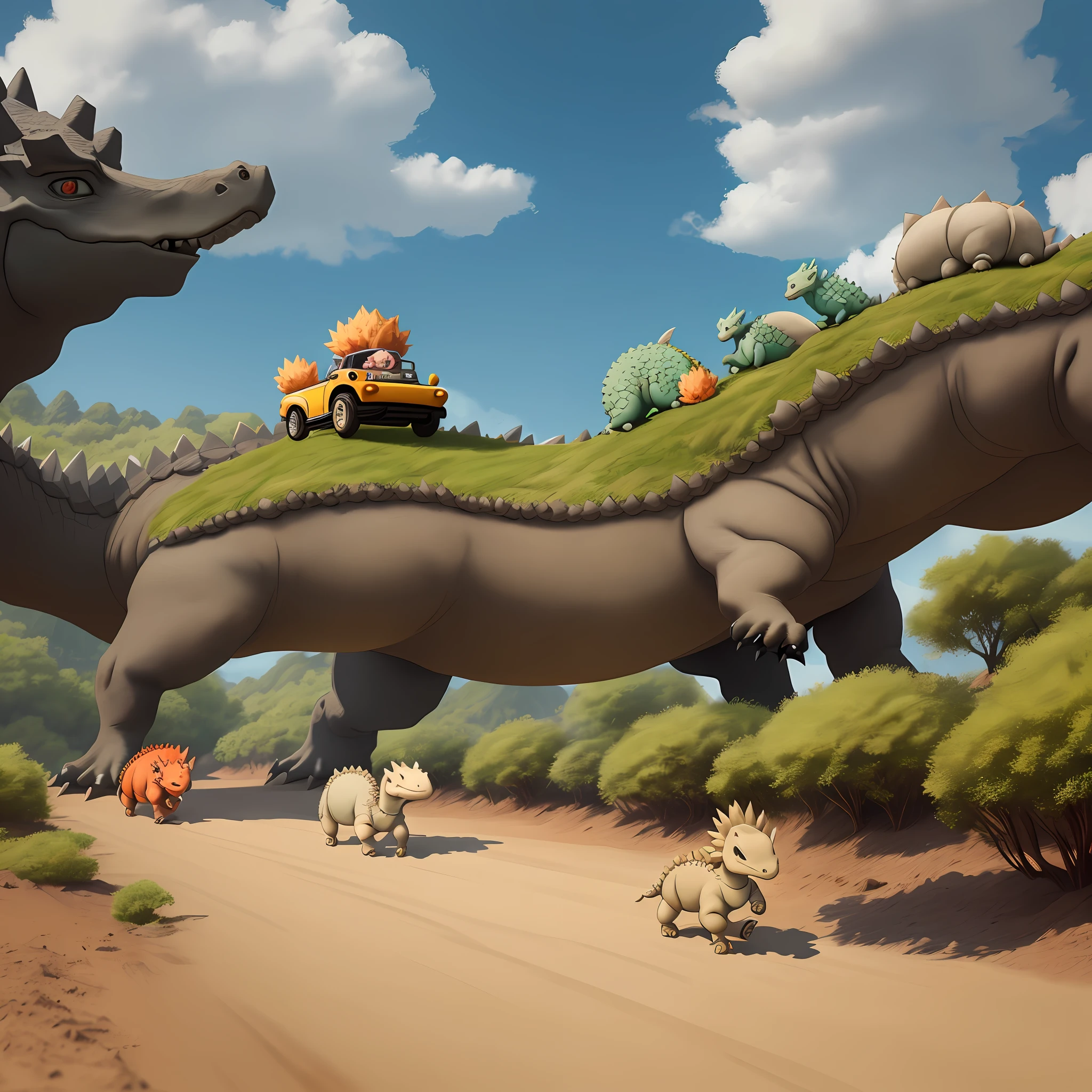 A small, cute stegosaurus race holding a loose dragon ball running happily across the ground, with two more cubs lining in front,