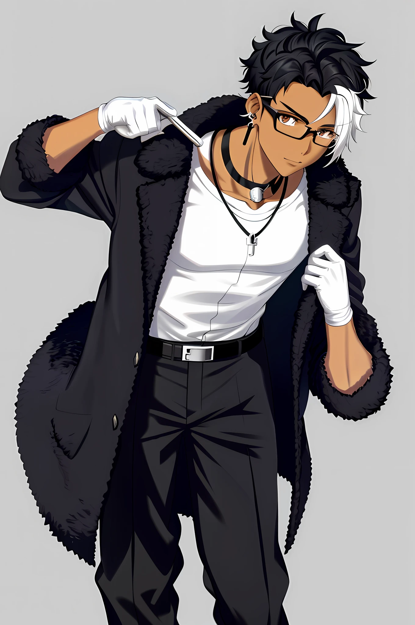 1boy, black skin, short curly hair, shaved side, glasses, small silver earring, black coat, anime sketch