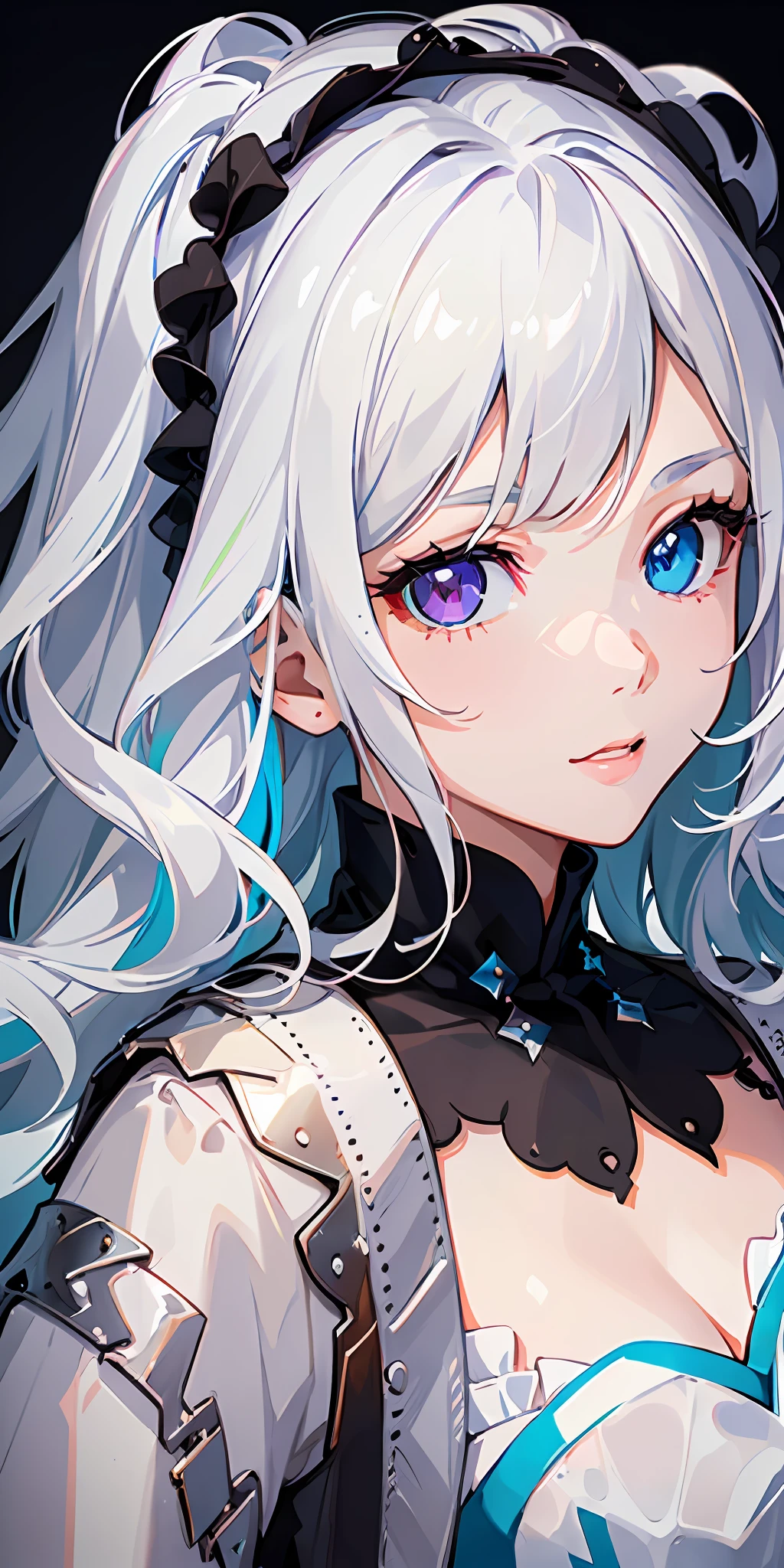 ((Image of impeccable quality)), high resolution, a girl with white hair, [(heterochromia in the eyes)+(eyes of two colors)], [(different colored eyes)+(the color of the eyes emphasized)], close-up, beautiful and smooth face. --v6
