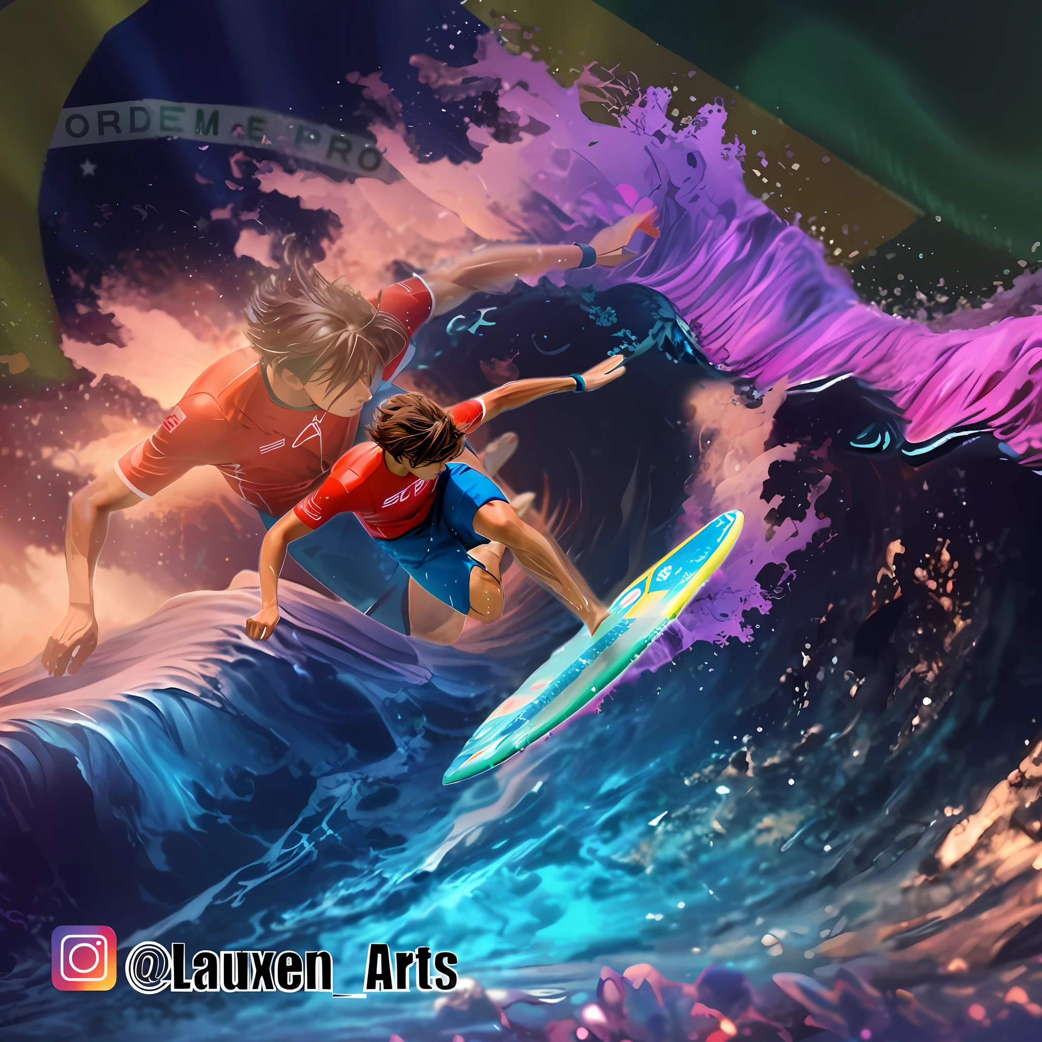 surfers in a wave with a flag in the background, album art, surfing, artistic illustration, art cover, realism art, inspired by Nathan Oliveira, daniel lezama painting style, digital art. @mariomaniacdude, soaring waves, digital ilustration, official fan art, inspired by Ludovit Fulla, cover art, modern concept art, surf