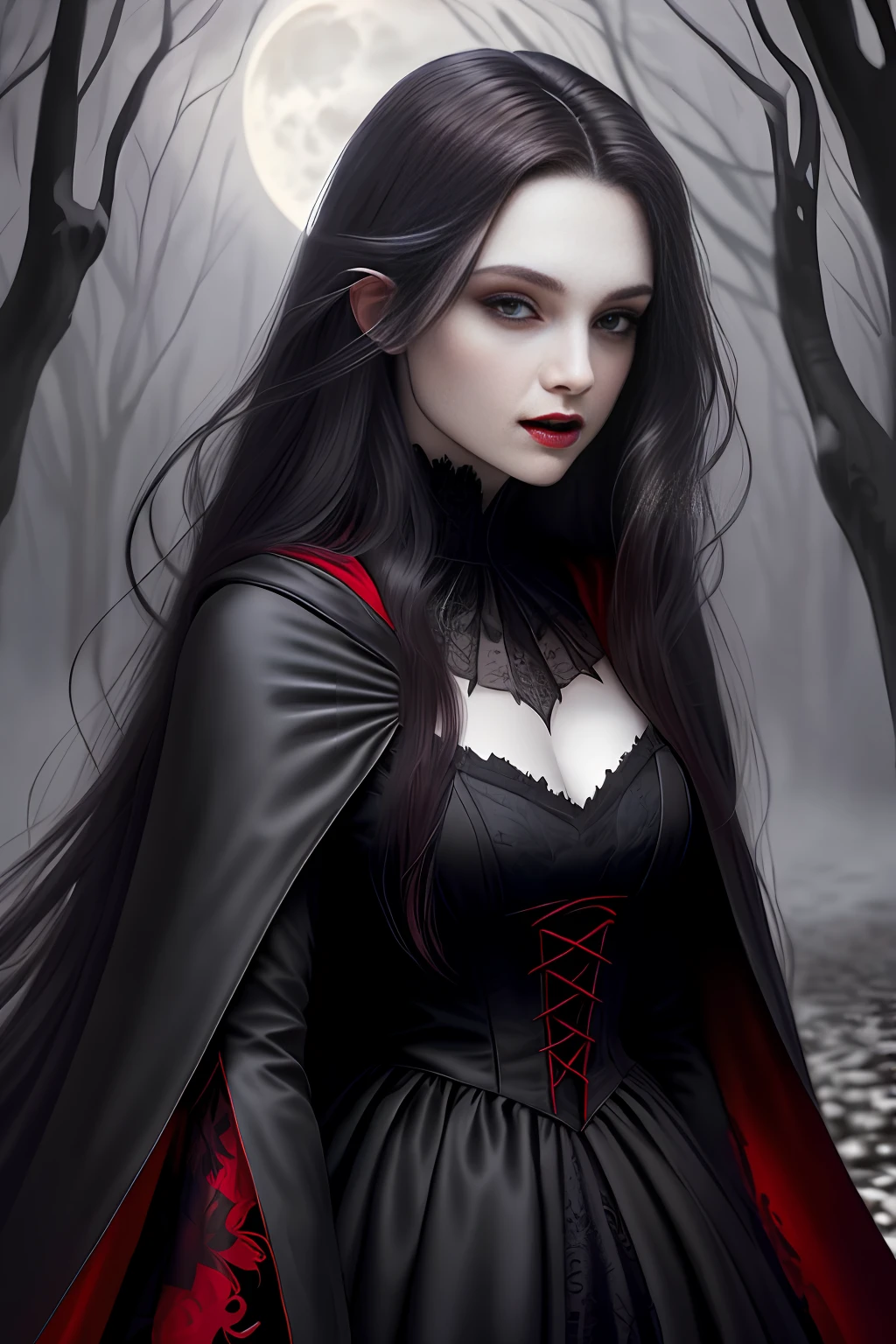 An ultra-realistic portrait of a beautiful vampire),(best illumination, best shadow),red eyes,(long dark hair:1.2),pale skin,fangs,floating,black lace cloak and dress,moonlight,gothic castle,(candle light:1.1+moonlight:0.9),dark atmosphere, pt[i]