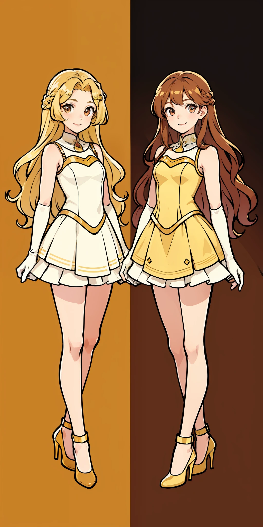 Woman, brown hair, wavy hair, hazel eyes, extremely detailed, smile, sleeveless dresses, white elbow length gloves, elegant, high heels, full body shot, matching outfits, identical outfits, twin sisters, blonde hair, different hair colors