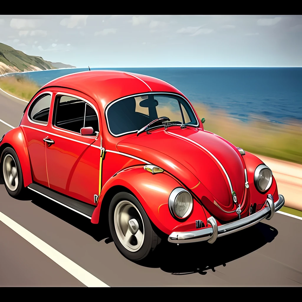 Create a Beetle car, red, retro, hyper detailed, on highway by the sea, hyper realistic, HD in 8K. Message sent. Create a Beetle car, red, retro, hyper detailed, on highway by the sea, hyper realistic, HD in 8K.