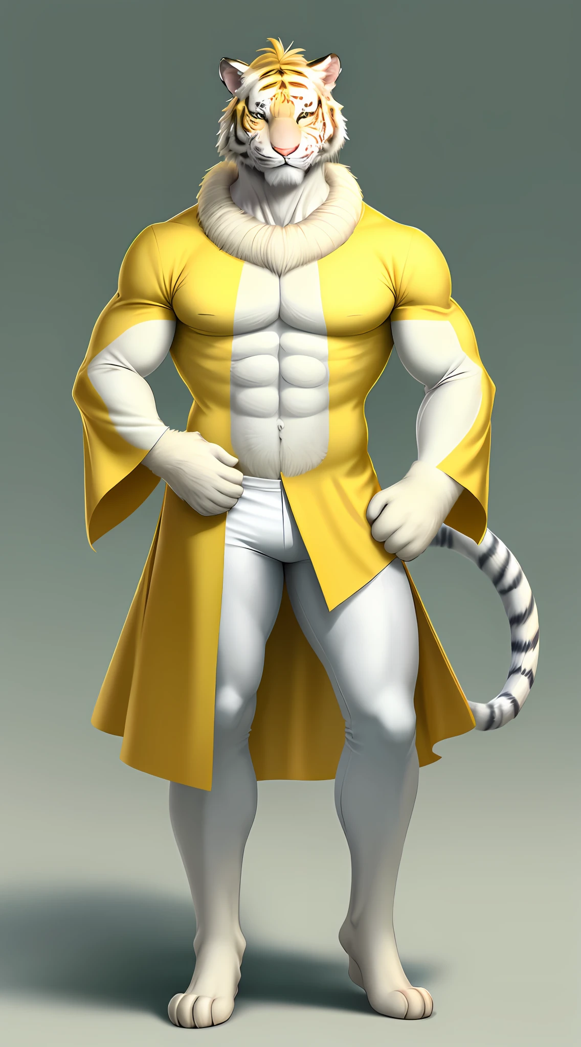 Furry art, white and light yellow tiger, full body, male, fancy clothing, hand paws, tail, blue poncho, shirt, belly exposed, pants, ornaments, innocent look, looking at the viewer, smile, smiling, comic art style, detailed fur, hairy body, 8K, dynamic lighting, beautiful, green background.