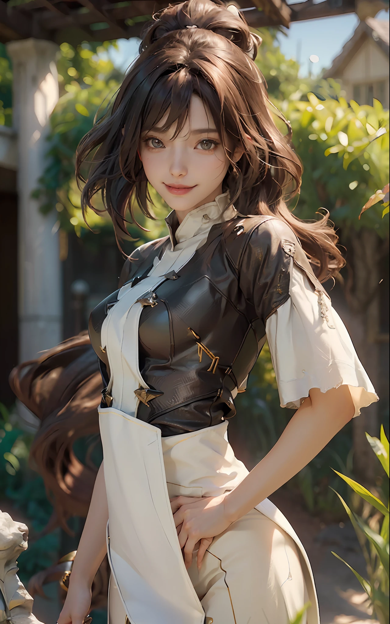 ((best quality)), (masterpiece)), (details: 1.4), 3D, beautiful neat female image, brown hair, brown eyes, smile, dynamic pose, dynamic angle, HDR (high dynamic range), ray Tracing, NVIDIA RTX, Super Resolution, Unreal 5, Subsurface Scattering, PBR Texturing, Post Processing, Anisotropic Filtering, Depth of Field, Maximum Clarity and Sharpness, Multilayer Textures, Albedo and Specular Maps, Surface Shading, Accurate simulation of light and material interaction, perfect proportions, octane rendering, two-tone lighting, wide aperture, low ISO, white balance, rule of thirds, 8K RAW,