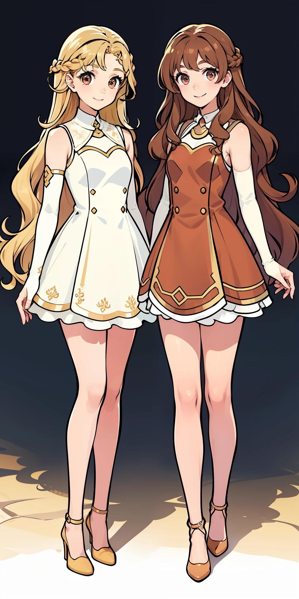 Woman, brown hair, wavy hair, hazel eyes, extremely detailed, smile, sleeveless dresses, white elbow length gloves, elegant, high heels, full body shot, matching outfits, identical outfits, twin sisters, blonde hair, different hair colors