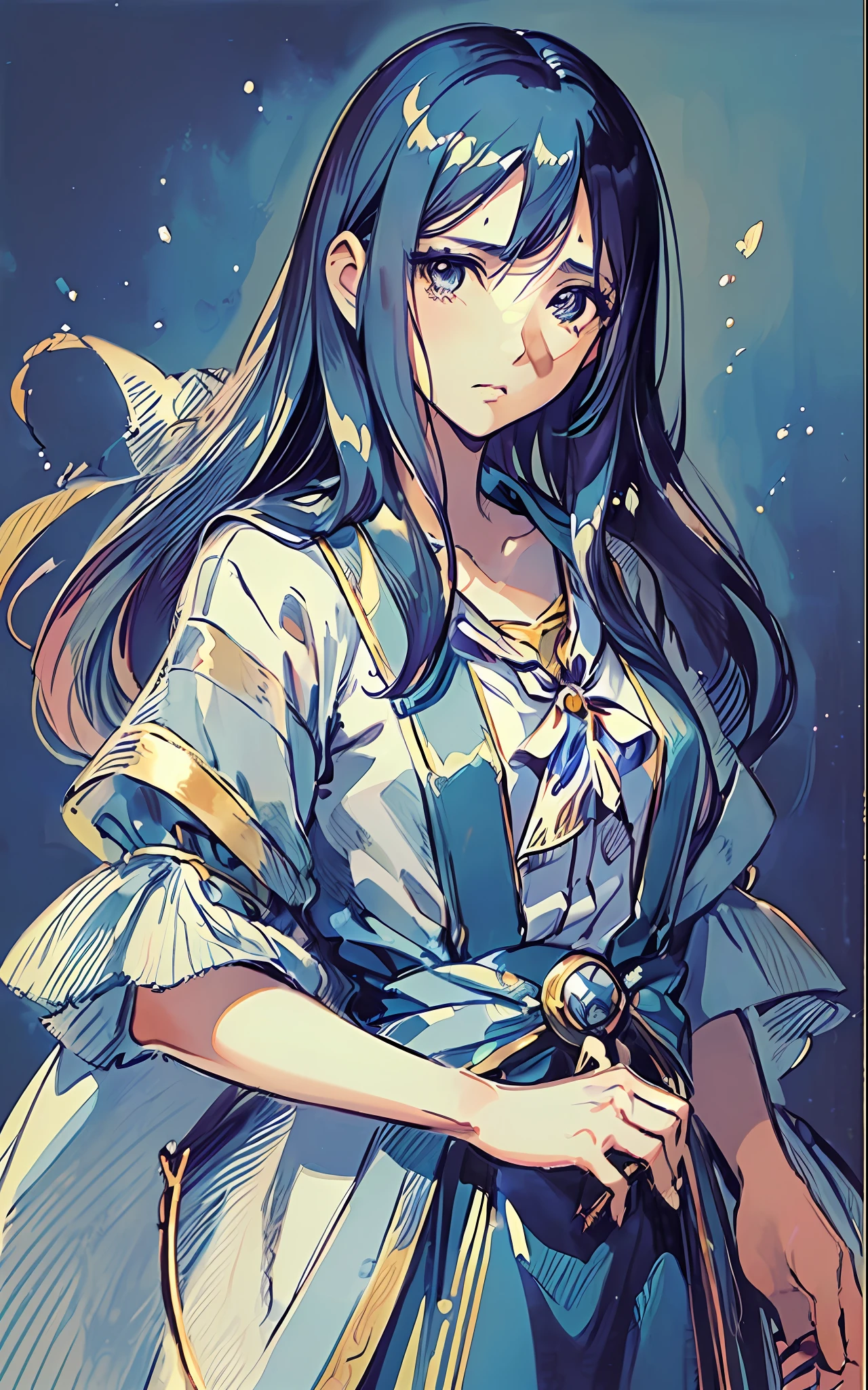 (amano yoshitaka:1.4),(mikimoto haruhiko:1.4),(face length:1.8),(french blade:1.2), 1girl,(lower eyelashes:1.2),(80s:1.2),(sketch:0.8),(watercolor:0.6), (realistic:0.8), long hair, slender,slim ,masterpiece best quality ultradetailed detailed light an extremely delicate and beautiful ,beautiful detailed hair&face&eyes,(cowboy shot:1.4),art print,