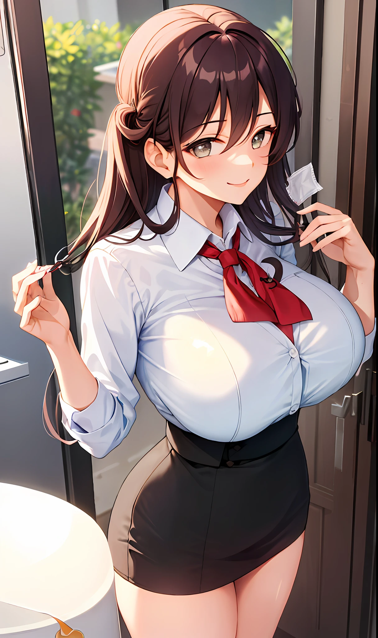 ((Masterpiece, Excellent)), (1 Girl), ((MILF)), Coiled Hairpin, ((Office Lady)), Bangs, (Busty), Slim, Smile, [Wide Buttocks], Office, Standing, Sweat, Big Breasts, Biting Condom, Holding Condom, Condom on Chest, Condom After Condom Use, Holding Fake Condom on Big Breasts