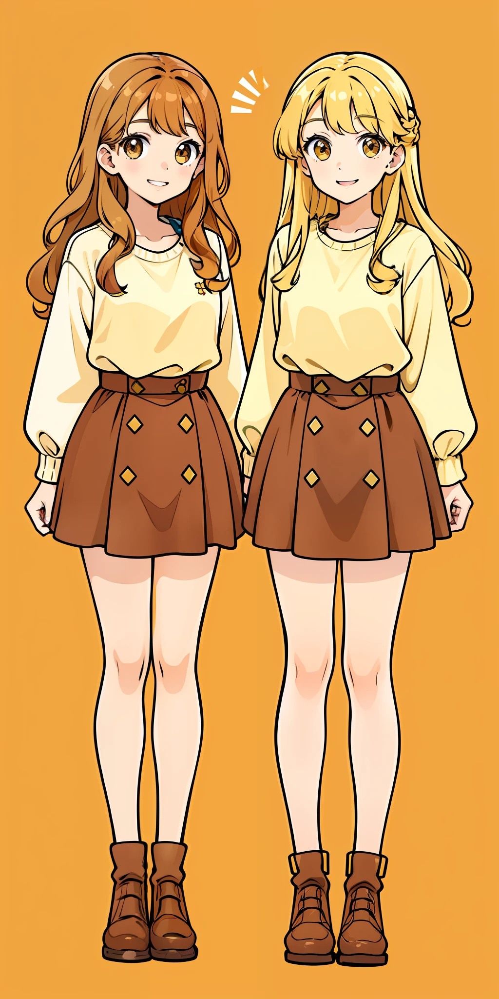 Woman, brown hair, wavy hair, hazel eyes, extremely detailed, smile, casual clothes, full body shot, matching outfits, identical outfits, twin sisters, blonde hair, different hair colors