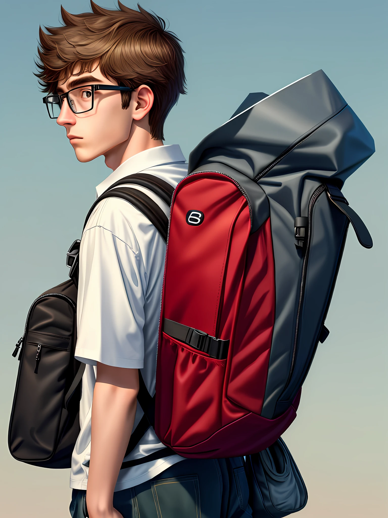 A nerd teenage boy, He uses a backpack