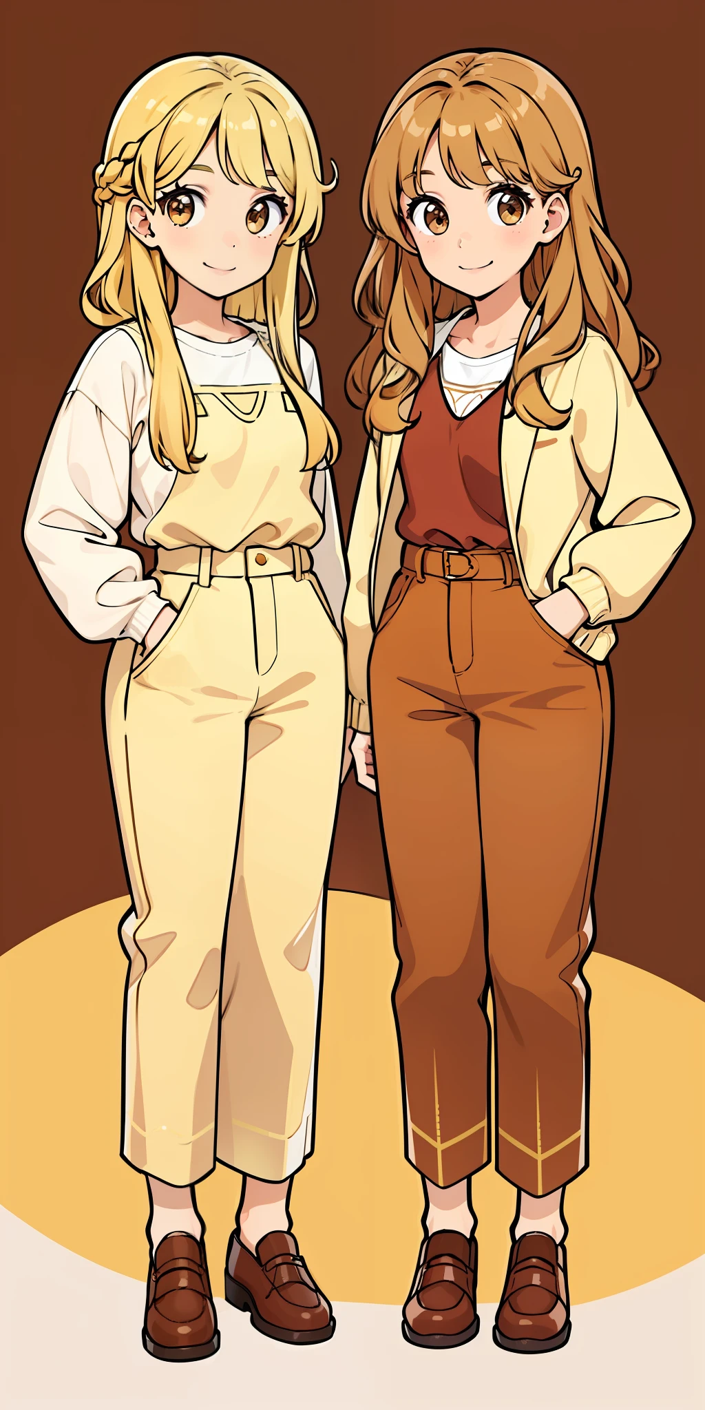 Woman, brown hair, wavy hair, hazel eyes, extremely detailed, smile, casual clothes, full body shot, matching outfits, identical outfits, twin sisters, blonde hair, different hair colors