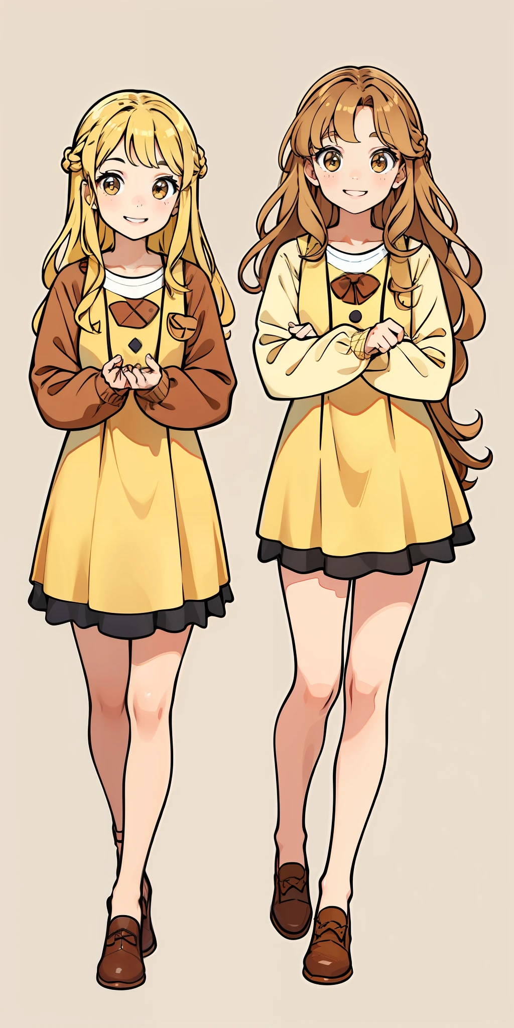 Woman, brown hair, wavy hair, hazel eyes, extremely detailed, smile, casual clothes, full body shot, matching outfits, identical outfits, twin sisters, blonde hair, different hair colors