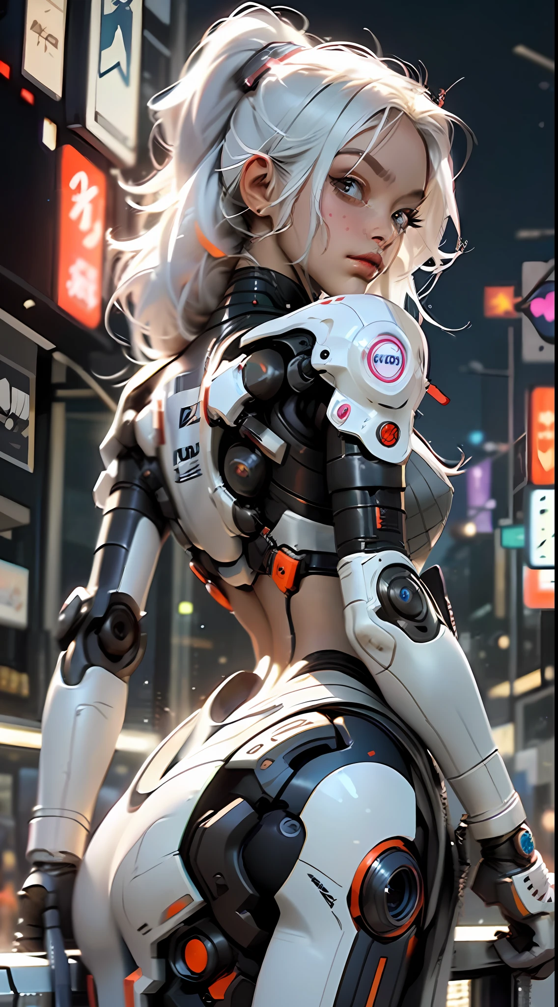 (best quality, masterpiece),1girl,cyberpunk,robotic left arm,sexy,futuristic bar,white hair long,looking away,blurry background