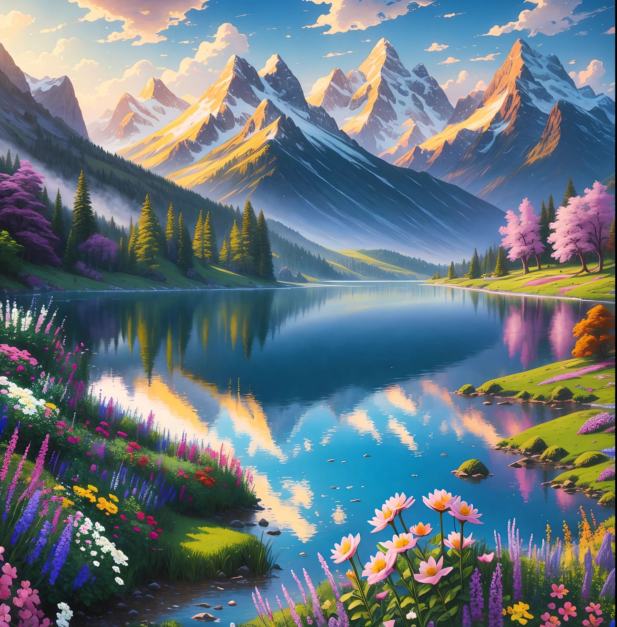 a painting of a mountain lake surrounded by flowers, a detailed matte painting by Thomas Kinkade, shutterstock contest winner, color field, vivid colors, vibrant colors, enchanting