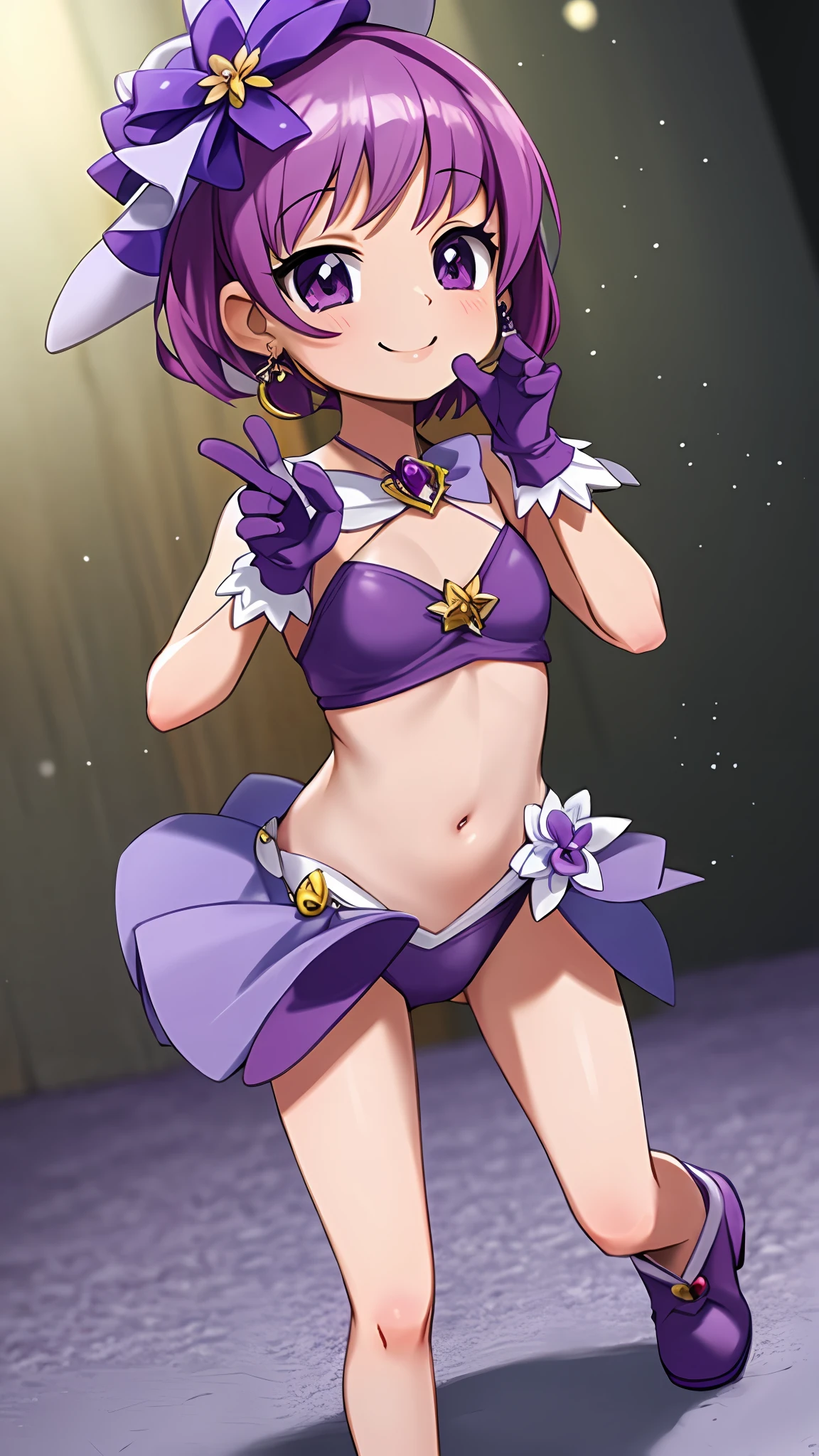 (bloom lighting), (smooth lighting), (smooth coloring), (smooth shading), (light particles),(bestquality),(masterpiece), game cg, 4k,(5 fingers:1.5),(), (ultimate cute girl), (segawa onpu), 1girl, (full body),purple hair, purple eyes, short hair, side ponytail, (onpuwitch01),(purple gloves:1.5), jewelry, purple hat, purple boots, earrings, compact (cosmetics), bikini, (magical girl), (model pose), (smile), pastel colors,