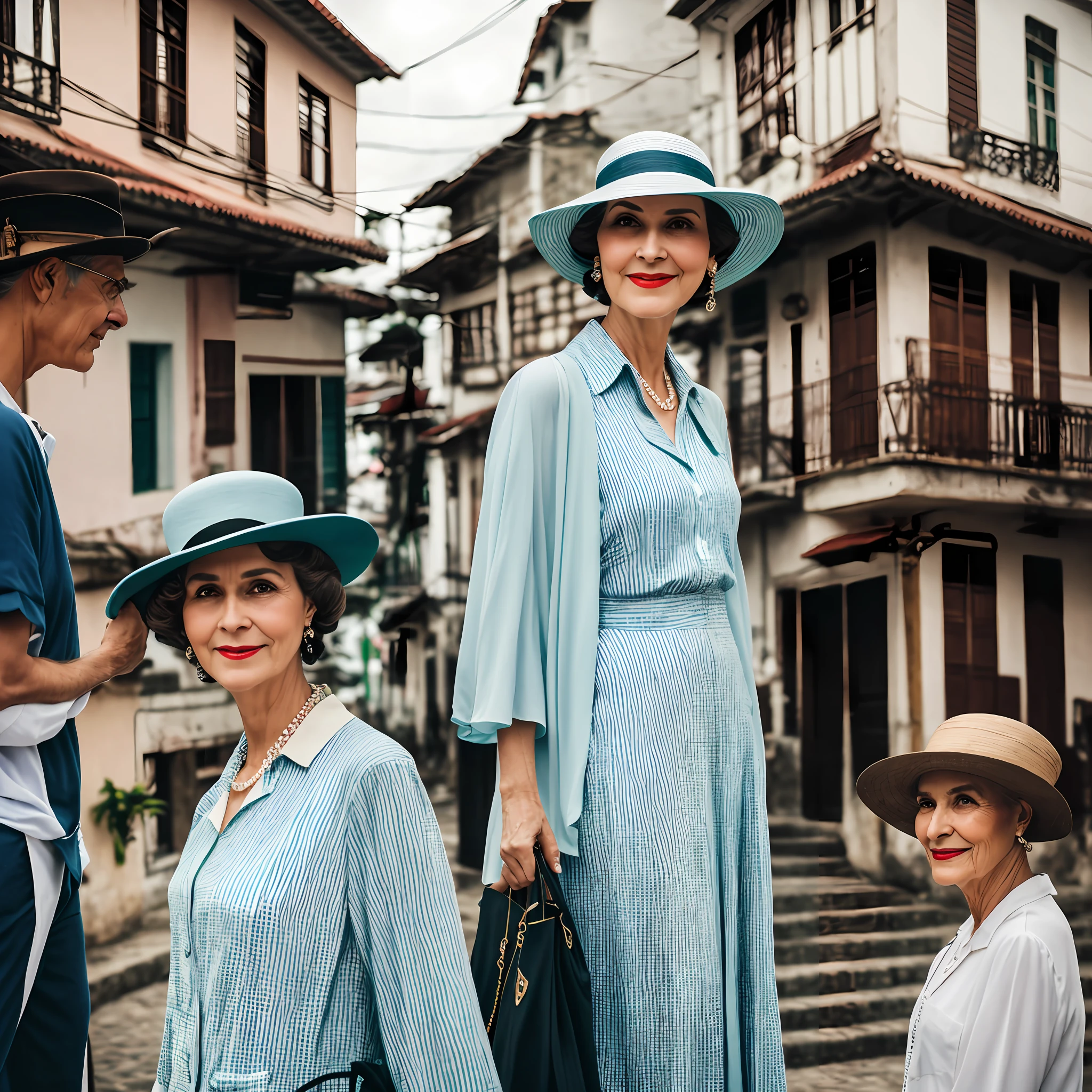 woman,tall,clothes of the 20s,Hat,rio de janeiro,old,center,people dressed,focus on the face,4k,realistic,photo,real, men looking at her,old houses