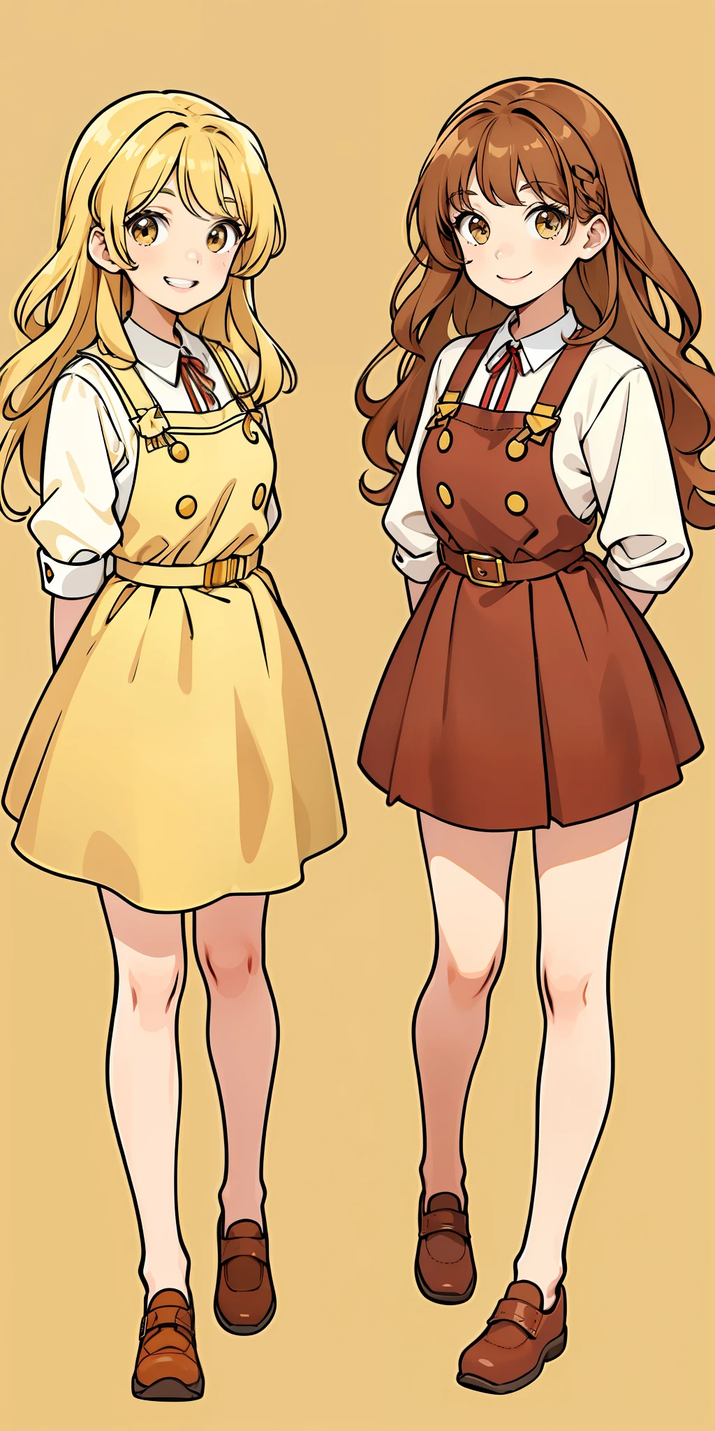 Woman, brown hair, wavy hair, hazel eyes, extremely detailed, smile, casual clothes, tomboy, full body shot, matching outfits, identical outfits, twin sisters, blonde hair, different hair colors