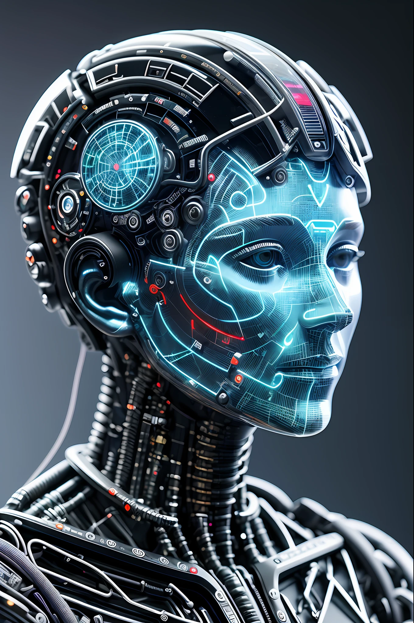 electronic system on humanoid head |cyborgmale| with a visible detailed brain | with a visible detailed heart| fios de cabo de músculos| biopunk| cybernetic| cyberpunk| Black Marble Bust| Canon M50| 100mm| sharp focus| slick| hyperrealism| Highly detailed | intricate details| Sculpted by Michelangelo