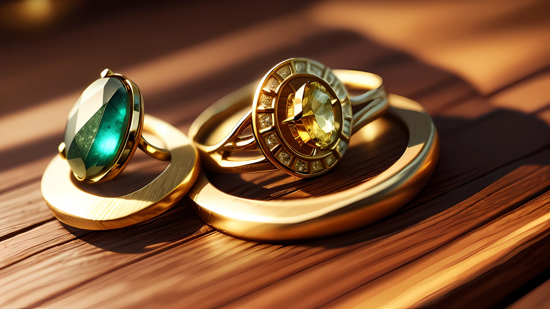 2 gold rings with relevant gemstones, on a wooden table, super realistic, 4k, shadows, octane render