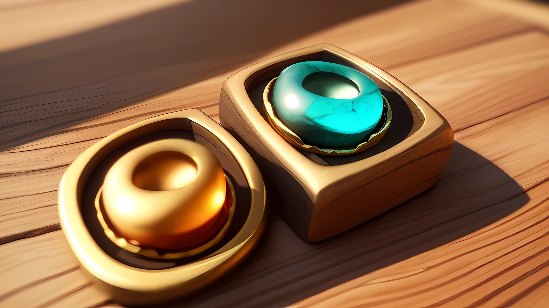2 gold rings with relevant gemstones, on a wooden table, super realistic, 4k, shadows, octane render