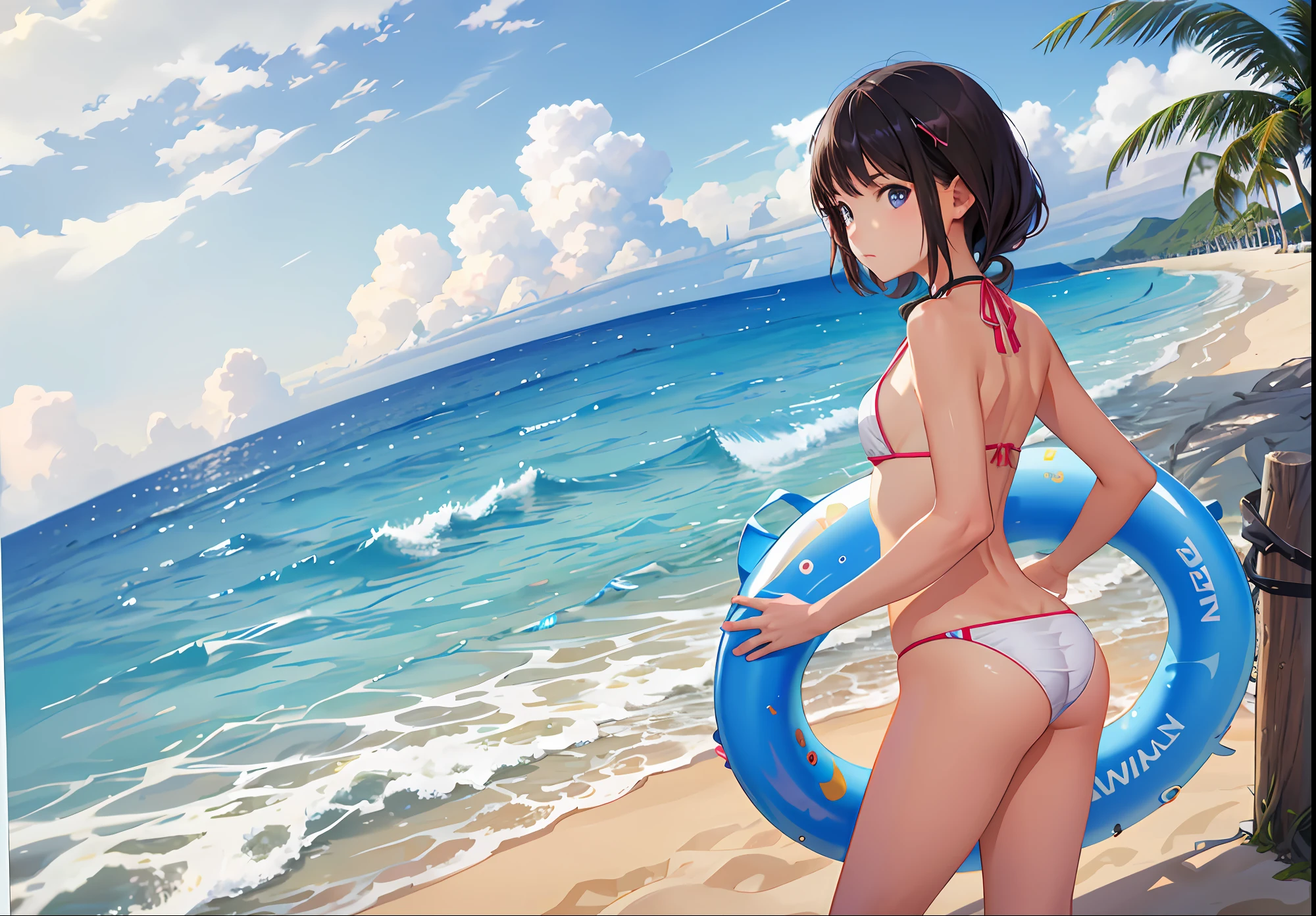 summer, sun, sea, beach, waikiki beach, small 20s micro bikini girl in the center, --v6