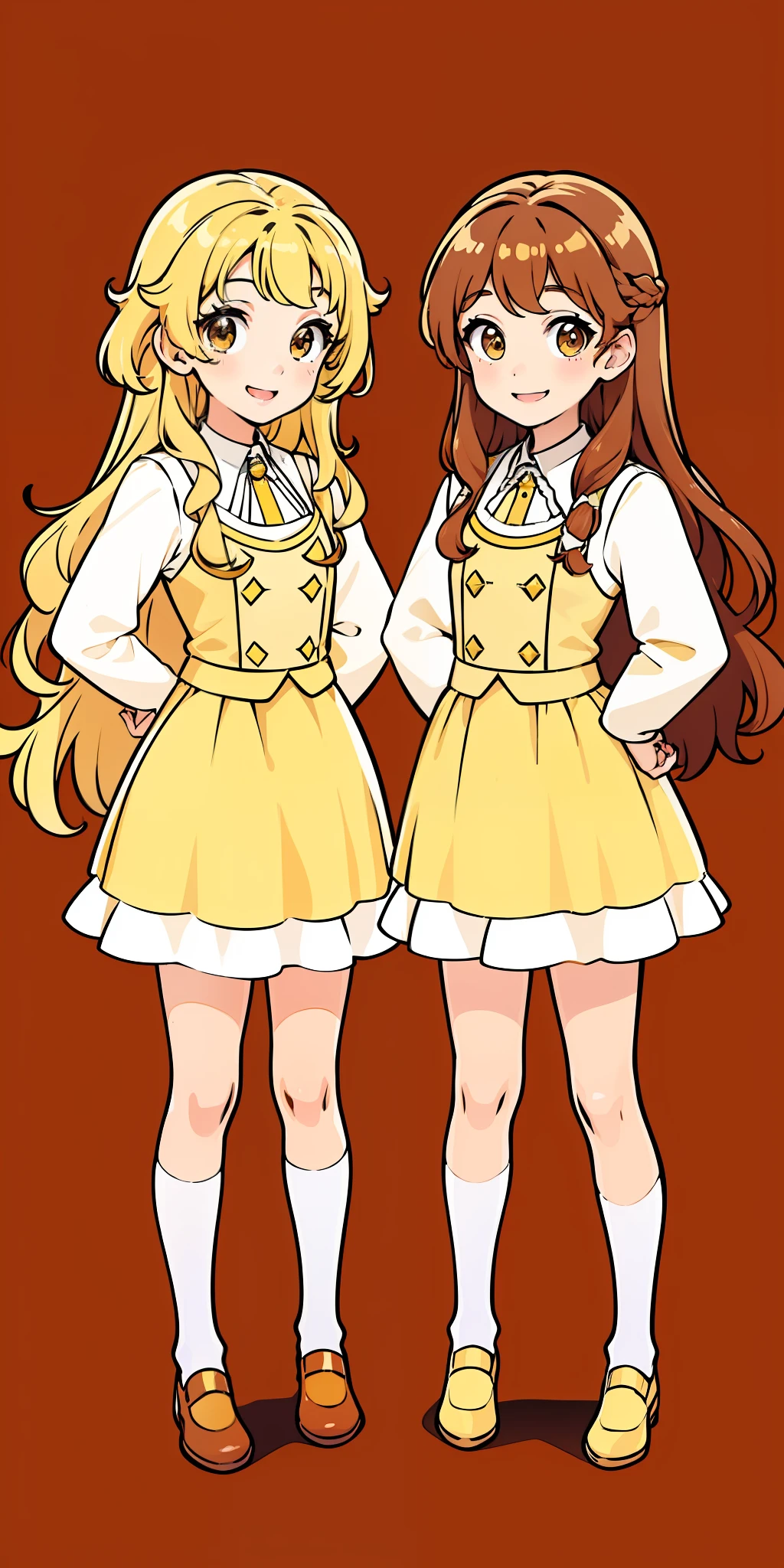 Woman, brown hair, wavy hair, hazel eyes, extremely detailed, smile, princess, full body shot, matching outfits, identical outfits, twin sisters, blonde hair, different hair colors