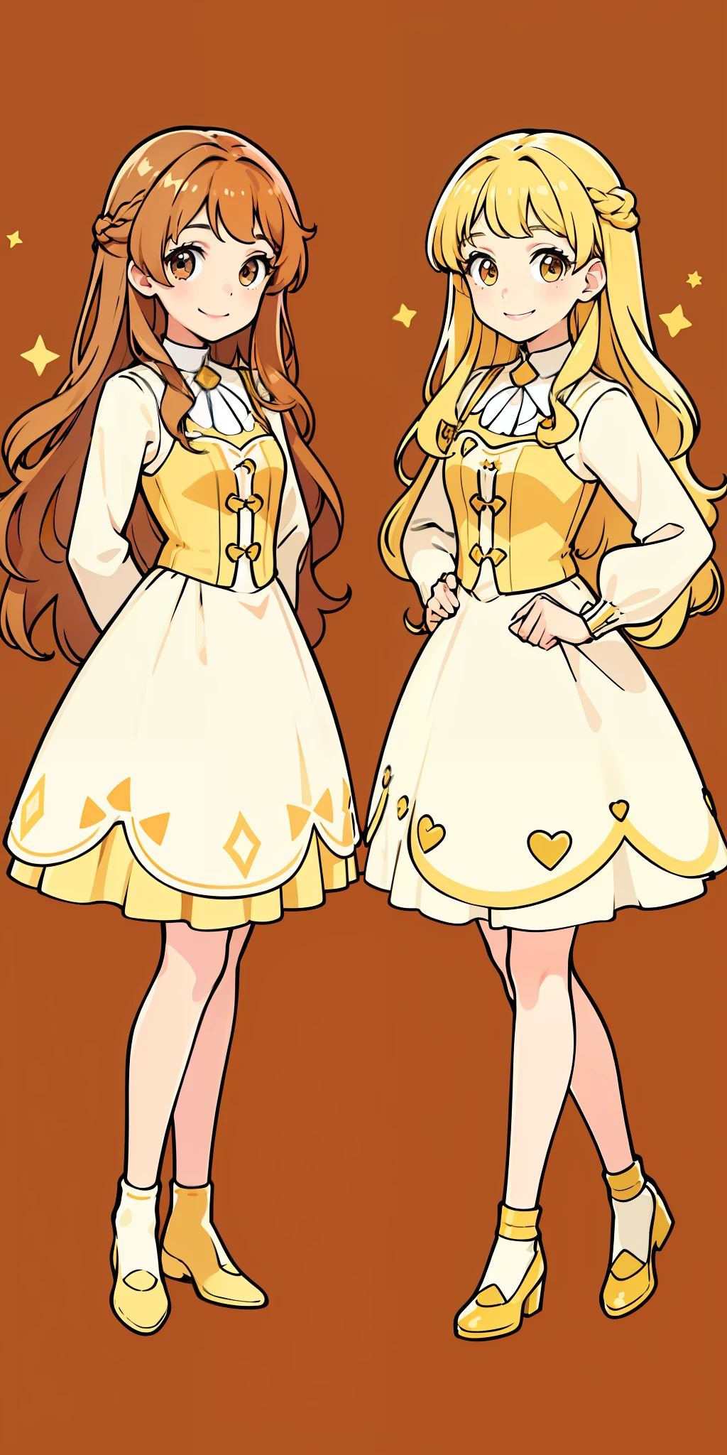 Woman, brown hair, wavy hair, hazel eyes, extremely detailed, smile, princess, full body shot, matching outfits, identical outfits, twin sisters, blonde hair, different hair colors
