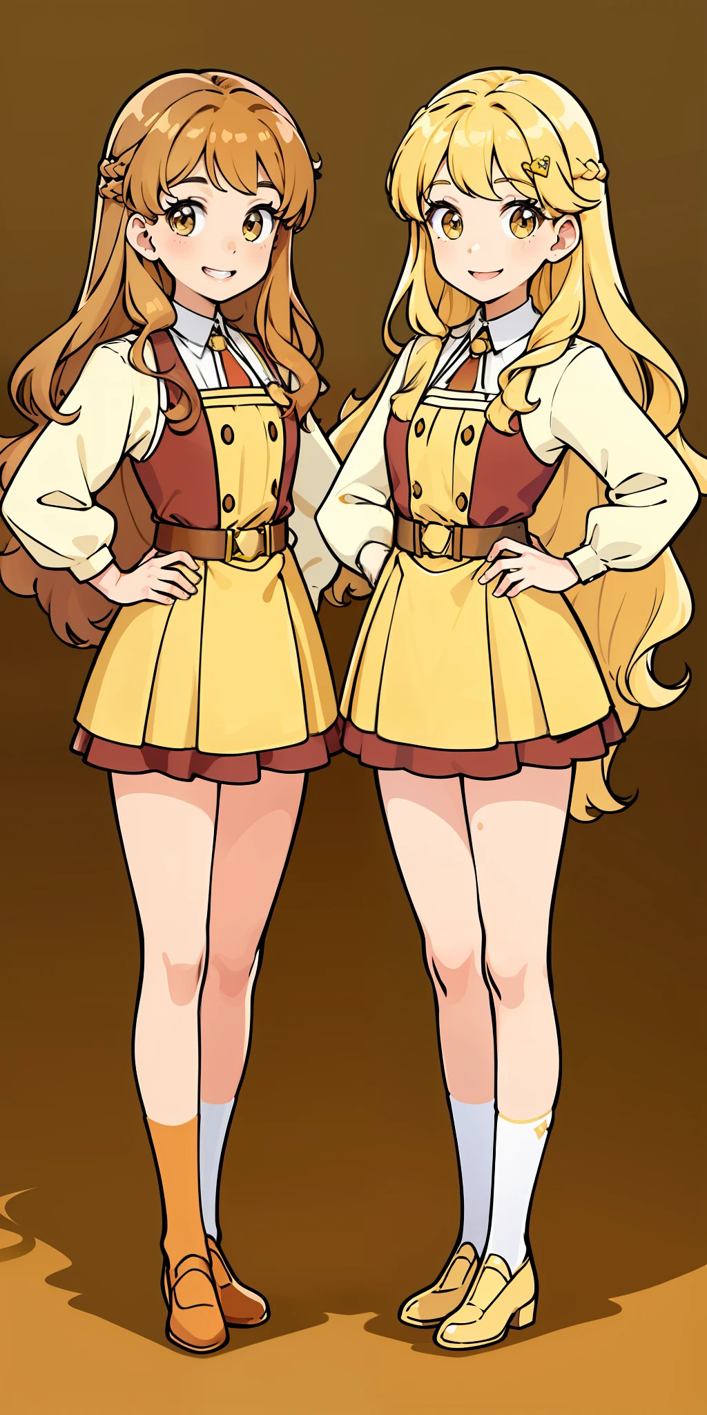 Woman, brown hair, wavy hair, hazel eyes, extremely detailed, smile, princess, full body shot, matching outfits, identical outfits, twin sisters, blonde hair, different hair colors