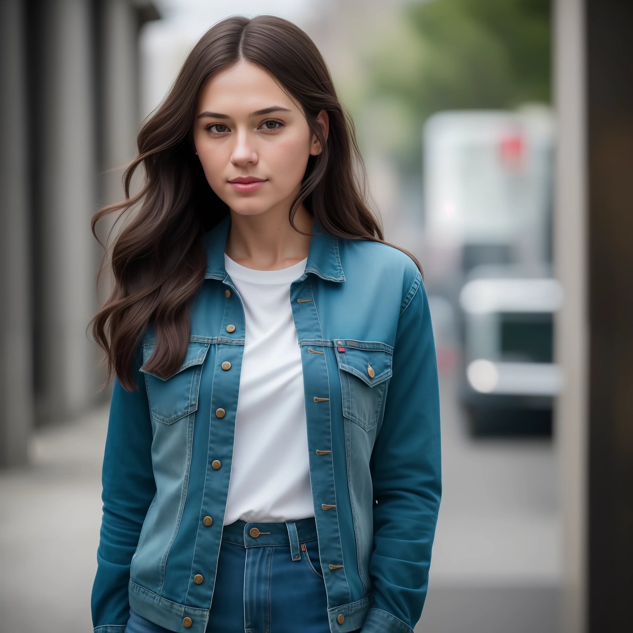 Full face portrait photo of a 35-year-old European girl, RAW, beautiful woman, semi-open strawberry lips, dimples, wistful look, (extra long brown hair), ((detailed face)), ((detailed facial features)), (finely detailed skin), pale skin, megacity environment, (cool colors), damp, damp, reflections, (masterpiece) (perfect proportion)(realistic photo)(best quality) (detailed) photographed on a Canon EOS R5,  50mm lens, F/2.8, HDR, (8k) (wallpaper) (cinematic lighting) (dramatic lighting) (sharp focus) (intricate), RAW photo, RAW photo, gigachad photo, posing for camera, black jeans, back arms, 8k uhd, dslr, high quality, grain film, Fujifilm XT3, film stock photography 4 kodak portra 400 camera f1.6 lens rich colors hyper realistic texture dramatic lighting unrealengine trend in artstation cinestill 800 tungsten,  toughboy style, ultra focused face, intimidating, hanging look, in position, messy hair, bursting veins, beaded