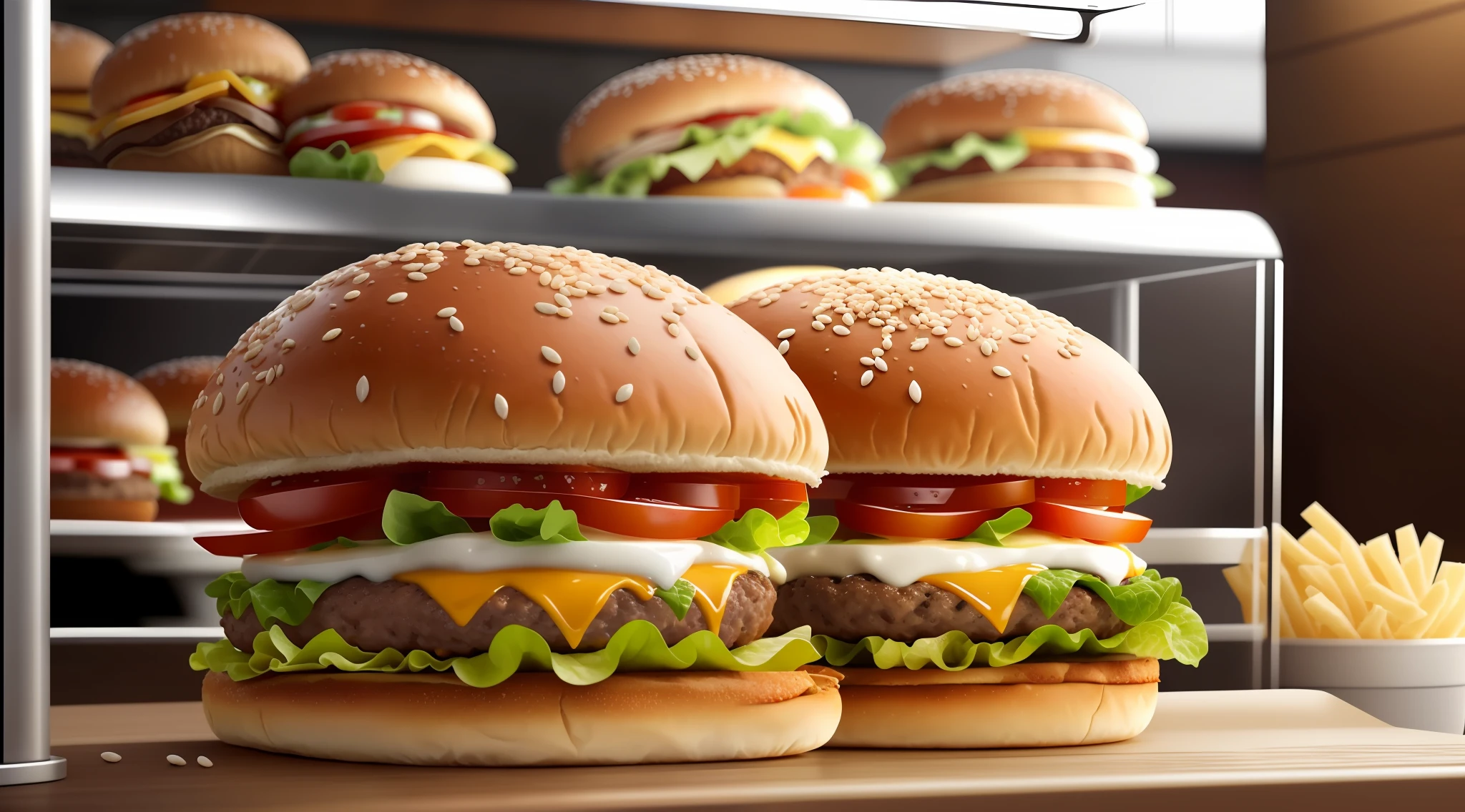 there are two hamburgers with lettuce, tomato, and cheese on them, super realistic food picture, food commercial 4 k, big macs, hamburgers, serving big macs, a hyper realistic, luscious patty with sesame seeds, hyper realistic ”, hyper realistic”, mcdonalds interior background, realistic scene, hamburger, mcdonald, high quality food photography, burger, photo realistic style