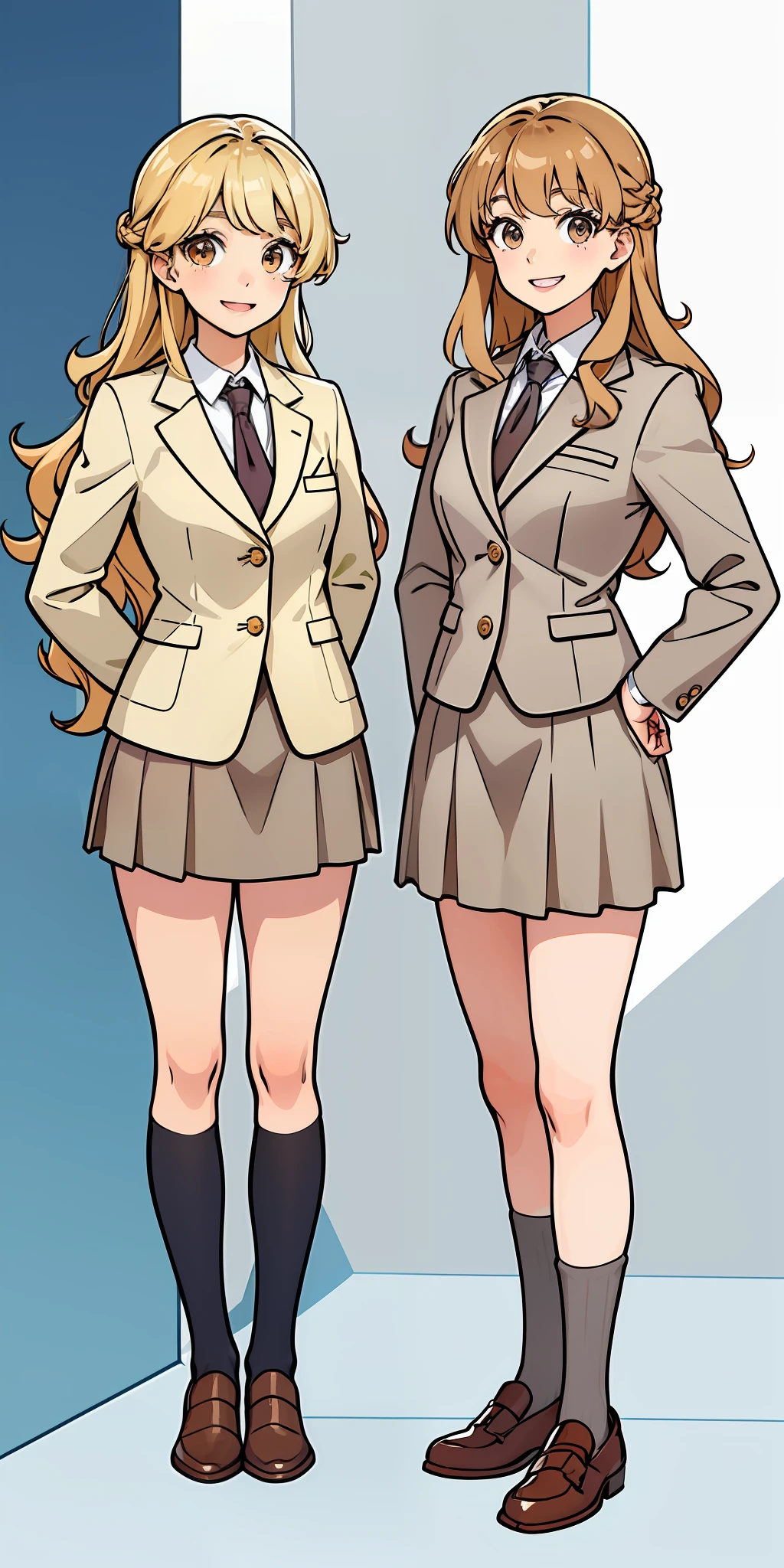 Woman, brown hair, wavy hair, hazel eyes, extremely detailed, smile, office lady, grey skirt suit, full body shot, matching outfits, identical outfits, twin sisters, blonde hair, different hair colors