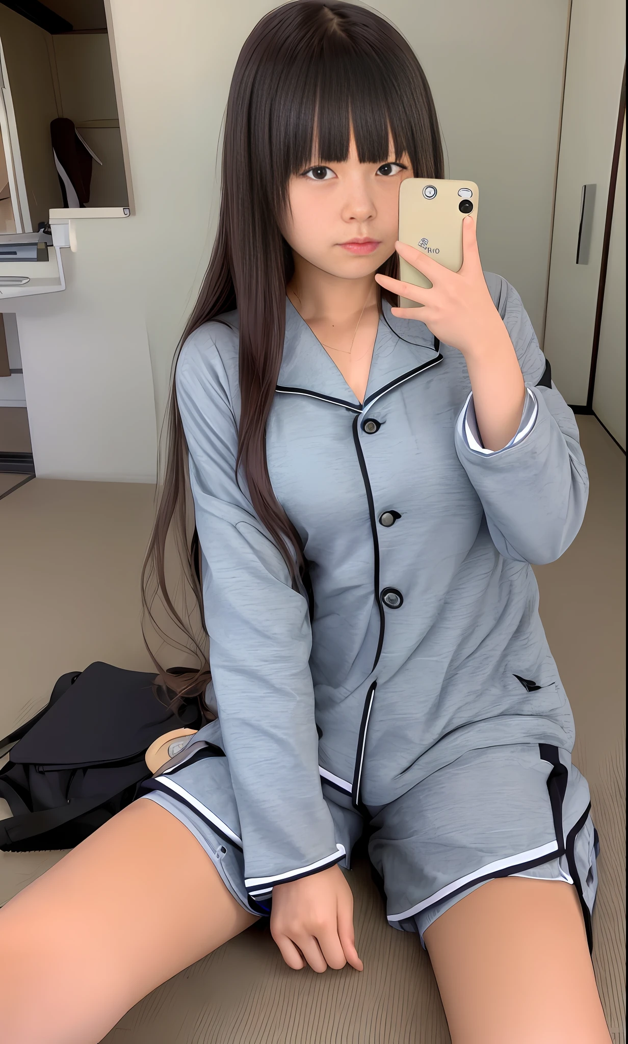 Japan schoolgirl, loungewear, selfie, long hair, snappy bangs