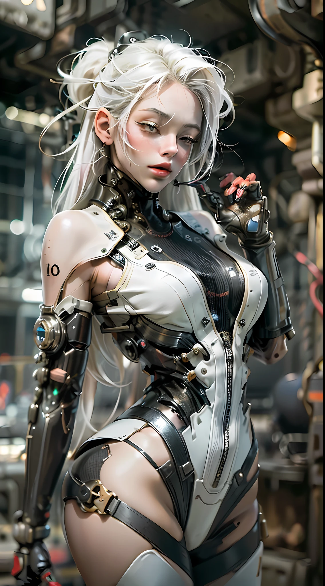 (best quality, masterpiece),1girl,cyberpunk,robotic left arm,sexy,futuristic bar,white hair long,looking away,blurry background