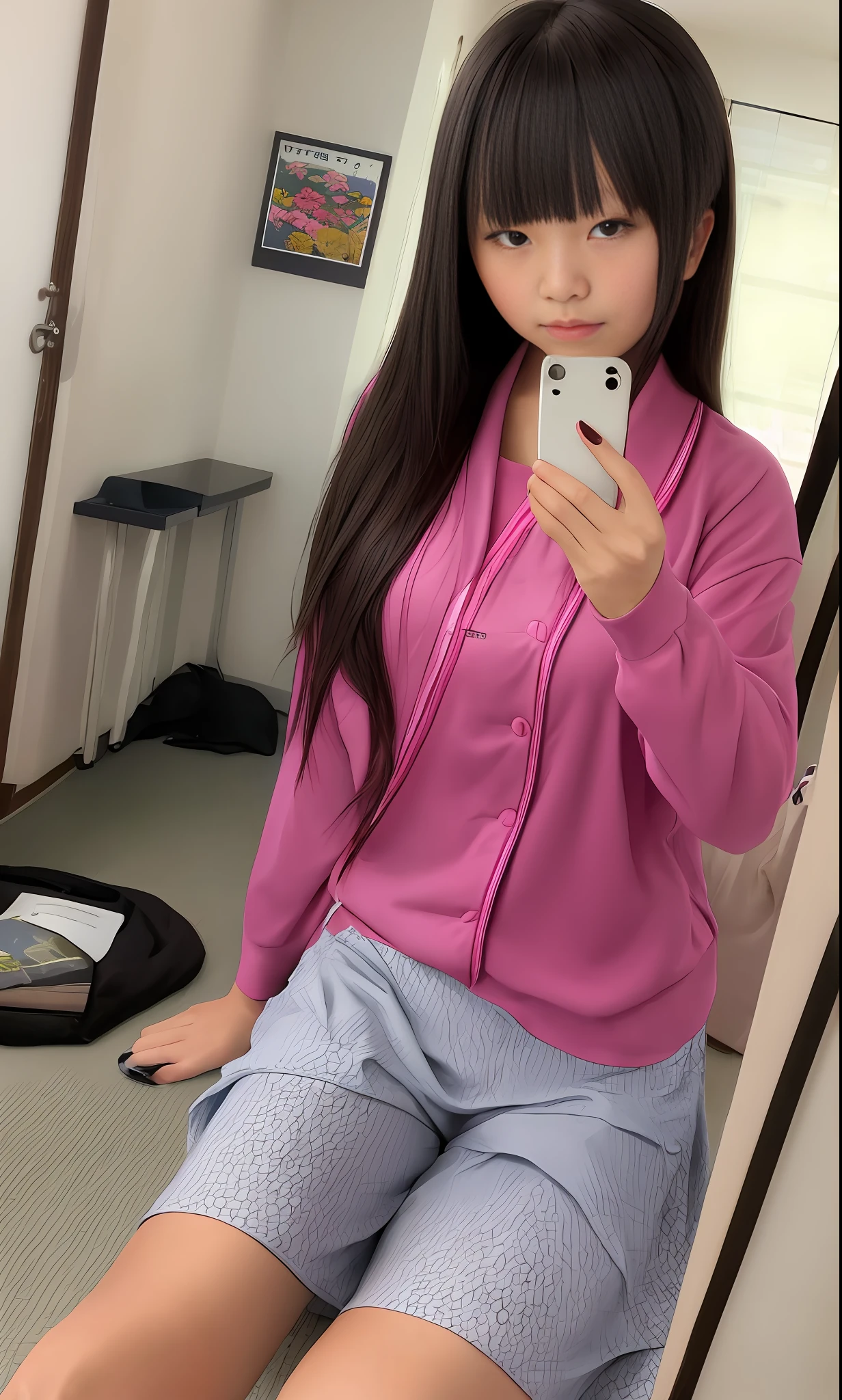 Japan schoolgirl, loungewear, selfie, long hair, snappy bangs