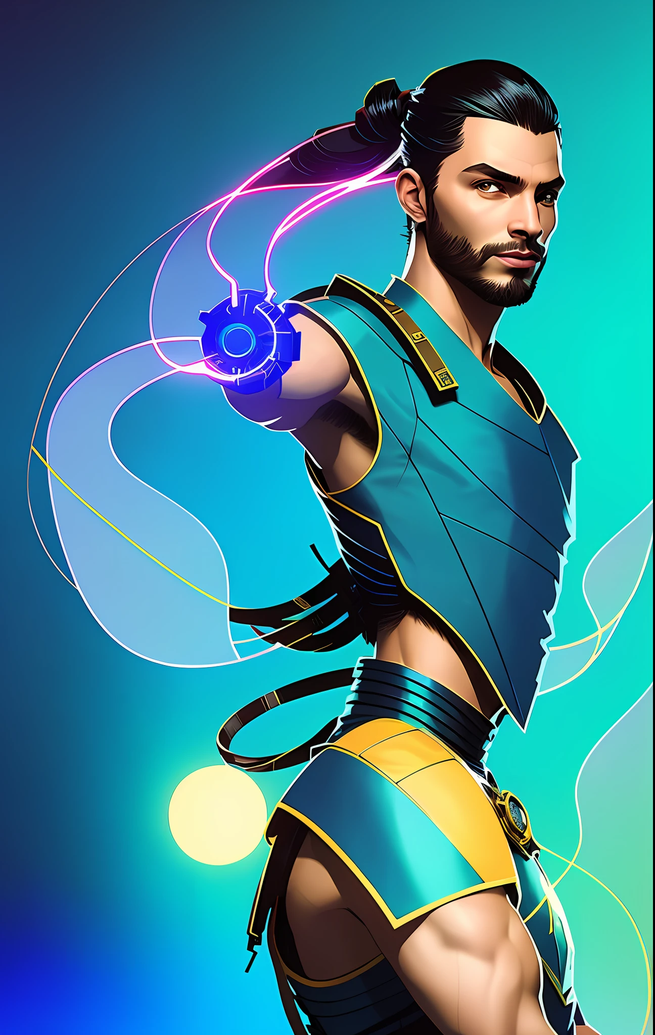 Brazilian man in nvinkpunk style (symmetry:1.1) portrait of (penblue), (assassins creed style:0.8), blue and gold and opal color scheme, beautiful intricate filegrid facepaint, intricate, elegant, highly detailed, digital painting, artstation, concept art, smooth, sharp focus, illustration, art by greg rutkowski and alphonse mucha, 8k